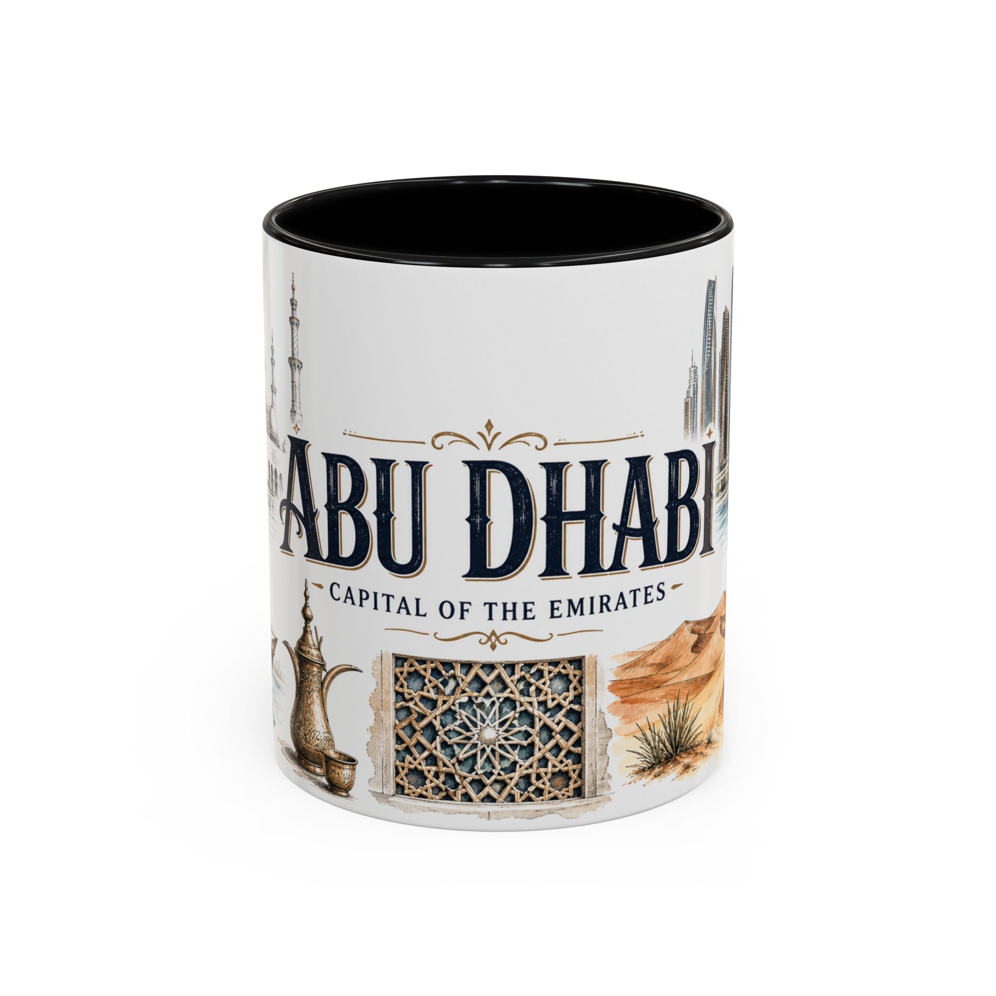 Abu Dhabi Coffee Mug | United Arab Emirates Travel Souvenir | Vintage Illustrated City Gift | 11 oz 15 oz Accent Mug