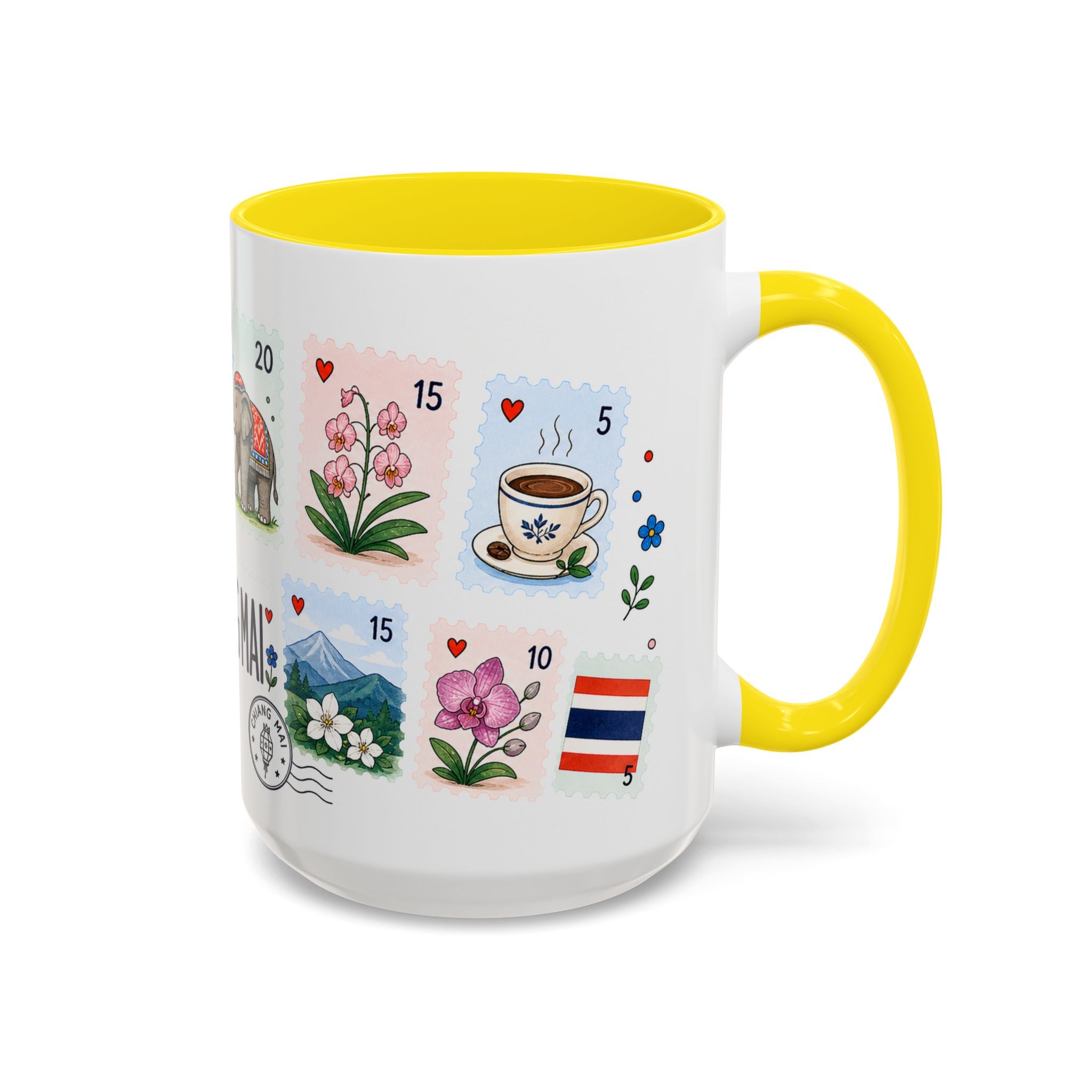 Chiang Mai Coffee Mug | Postage Stamp Collage Mug | Travel Souvenir Accent Cup 11oz 15oz
