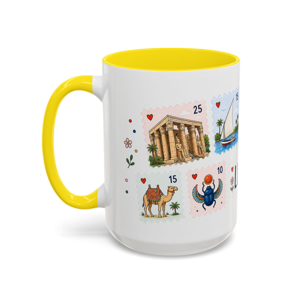 Luxor Coffee Mug | Postage Stamp Collage Mug | Travel Souvenir Accent Cup 11oz 15oz
