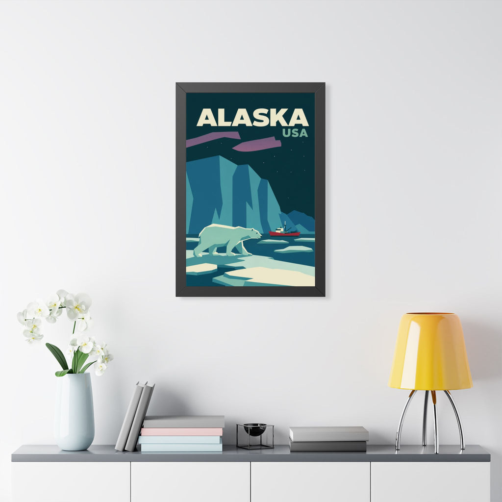 Alaska Polar Bear United States Framed Poster | Vintage Travel Wall Art | Black Walnut White Frame | 16x24 20x30