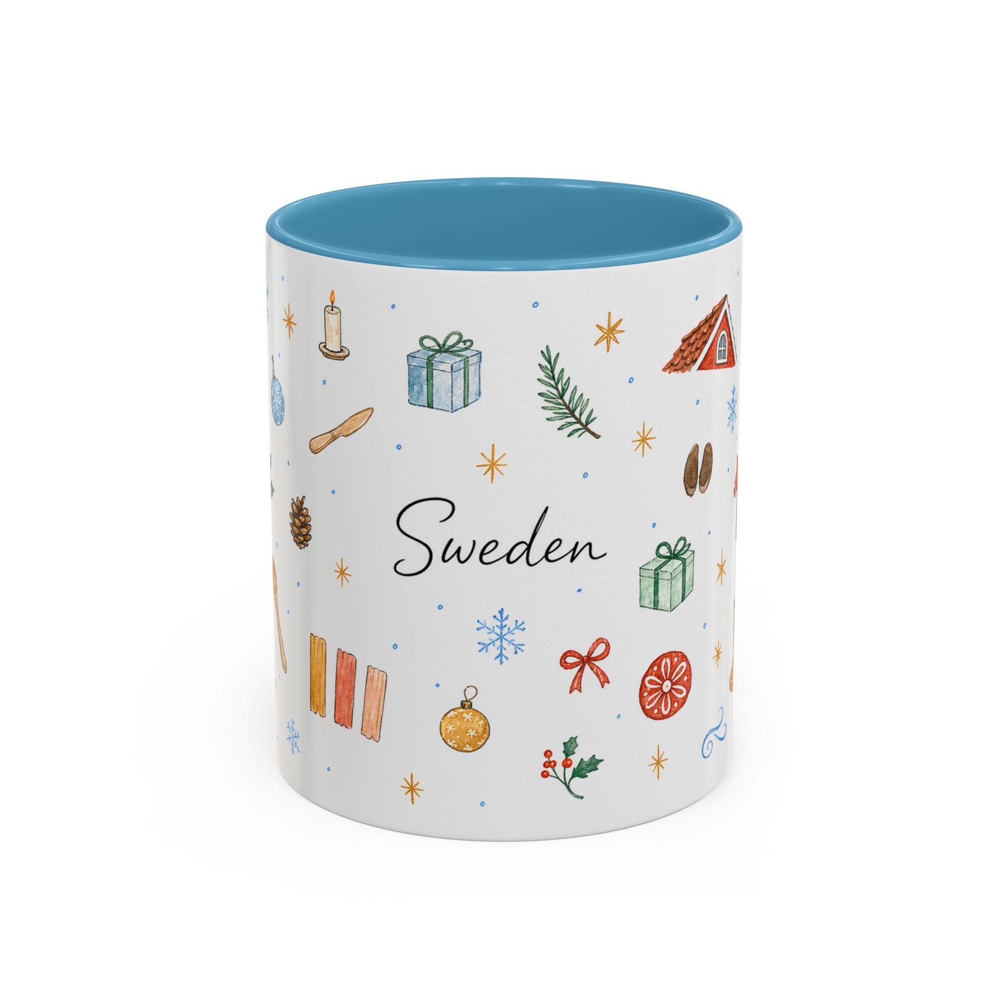 Sweden Christmas Mug | Watercolor Travel Souvenir | Holiday Gift | Accent Ceramic Coffee Cup 11oz 15oz