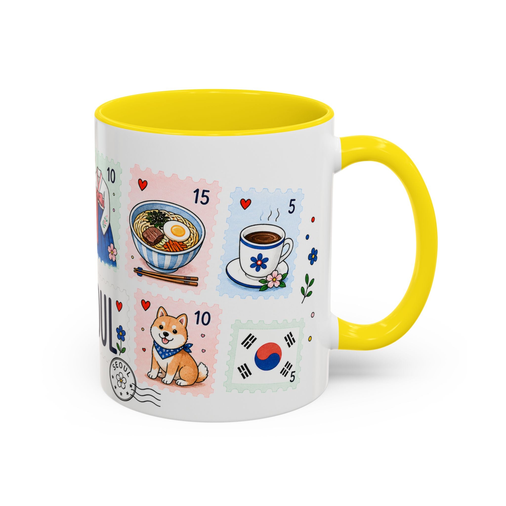 Seoul Coffee Mug | Postage Stamp Collage Mug | Travel Souvenir Accent Cup 11oz 15oz