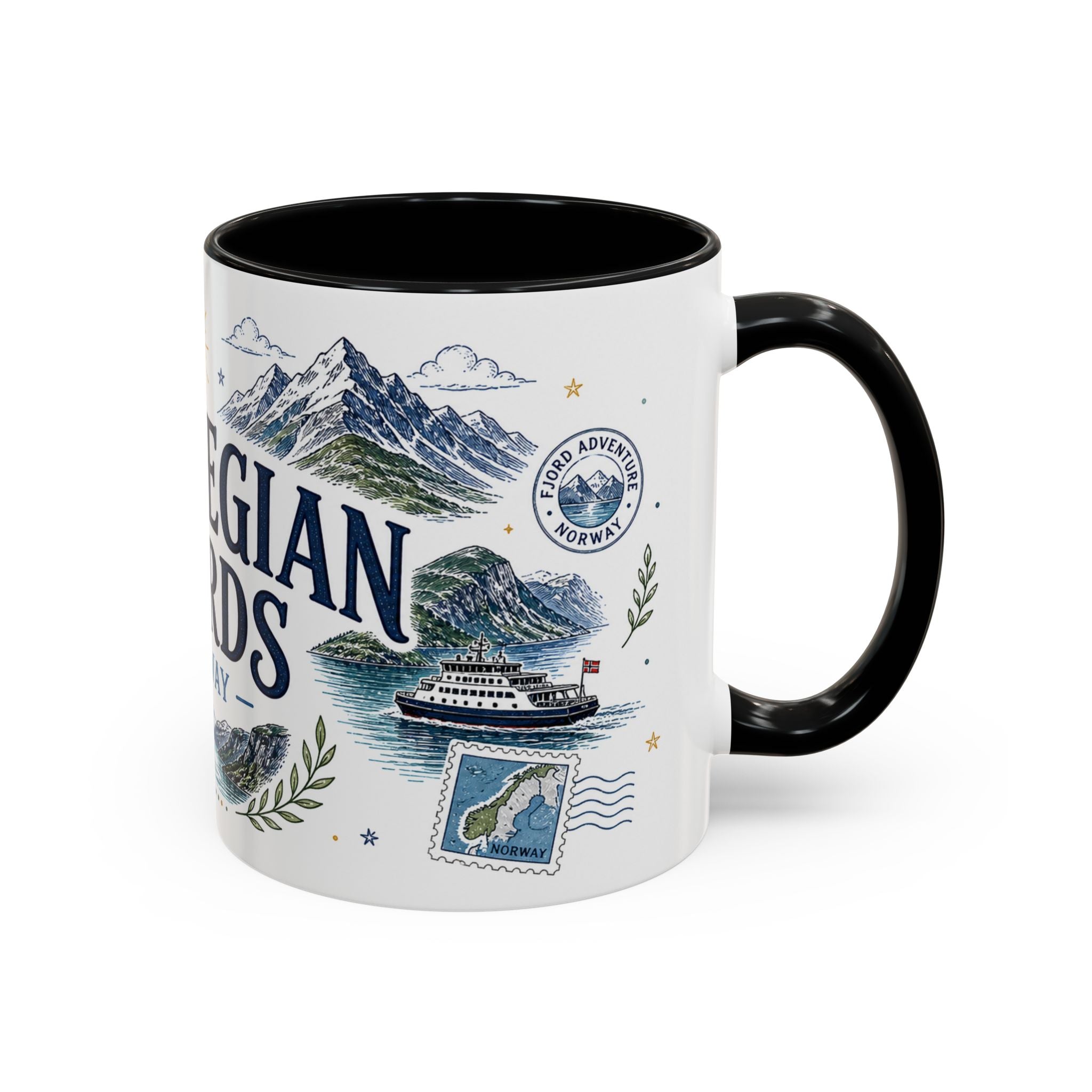 Norwegian Fjords Coffee Mug | Travel Destination Souvenir Gift | Accent Color Ceramic 11oz 15oz