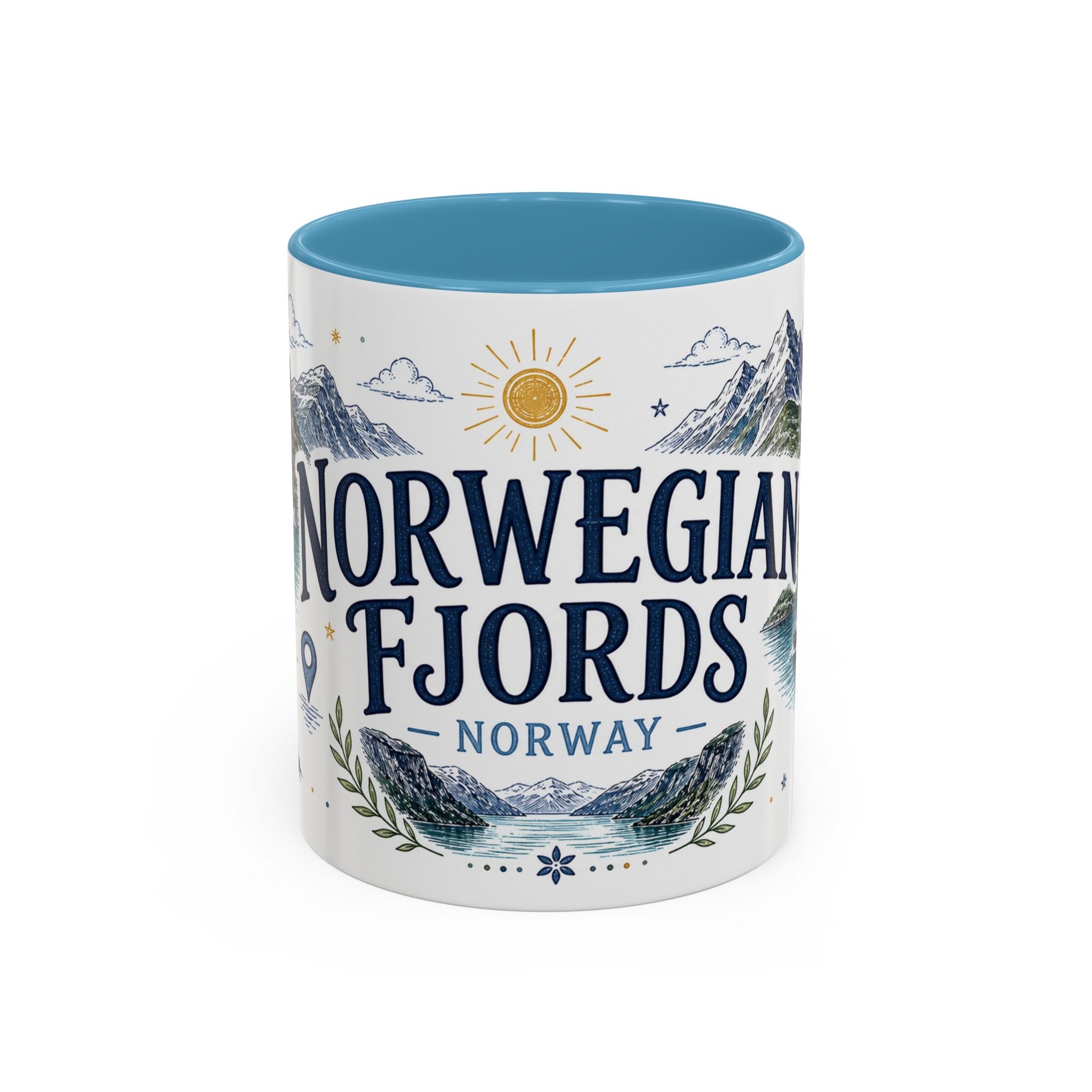Norwegian Fjords Coffee Mug | Travel Destination Souvenir Gift | Accent Color Ceramic 11oz 15oz