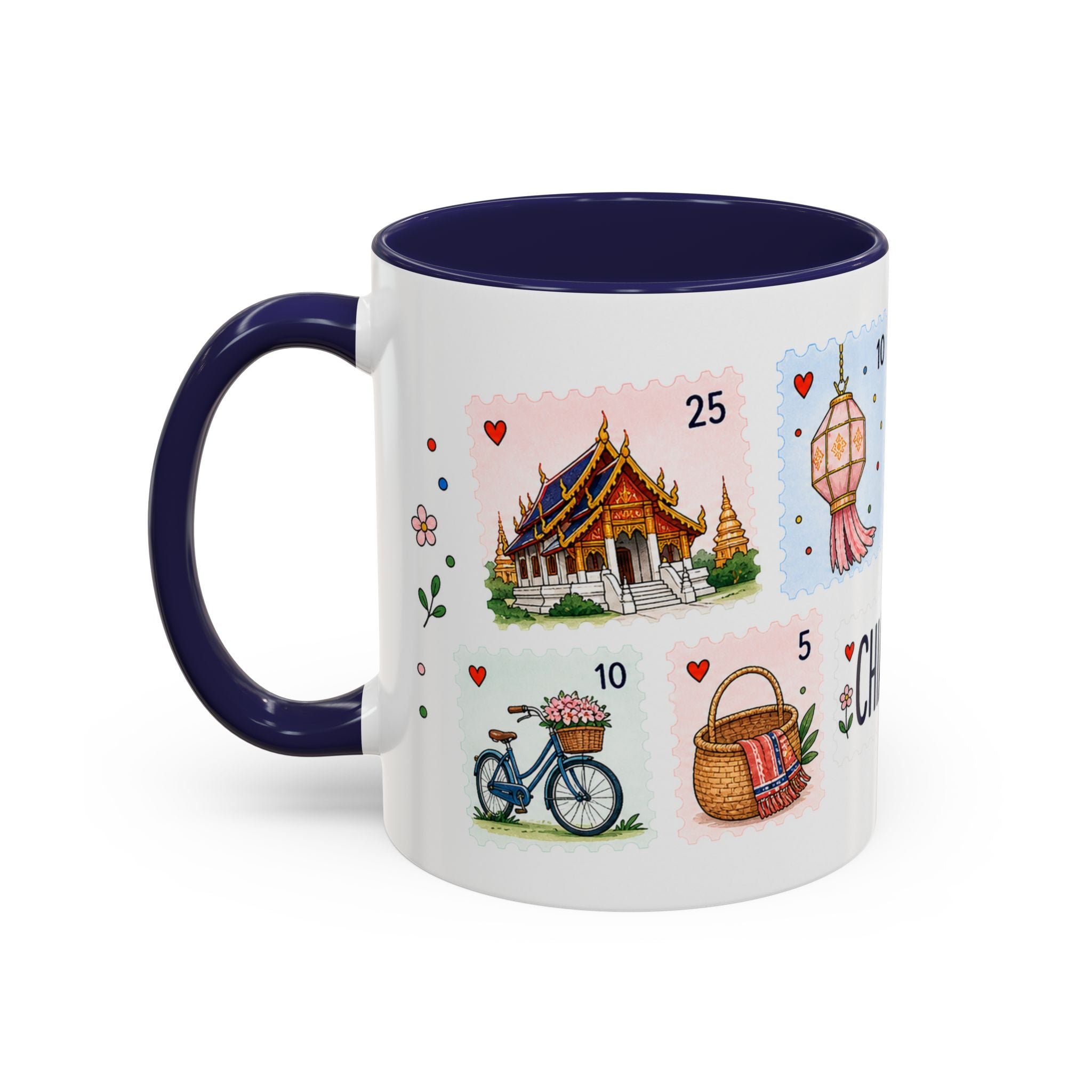 Chiang Mai Coffee Mug | Postage Stamp Collage Mug | Travel Souvenir Accent Cup 11oz 15oz