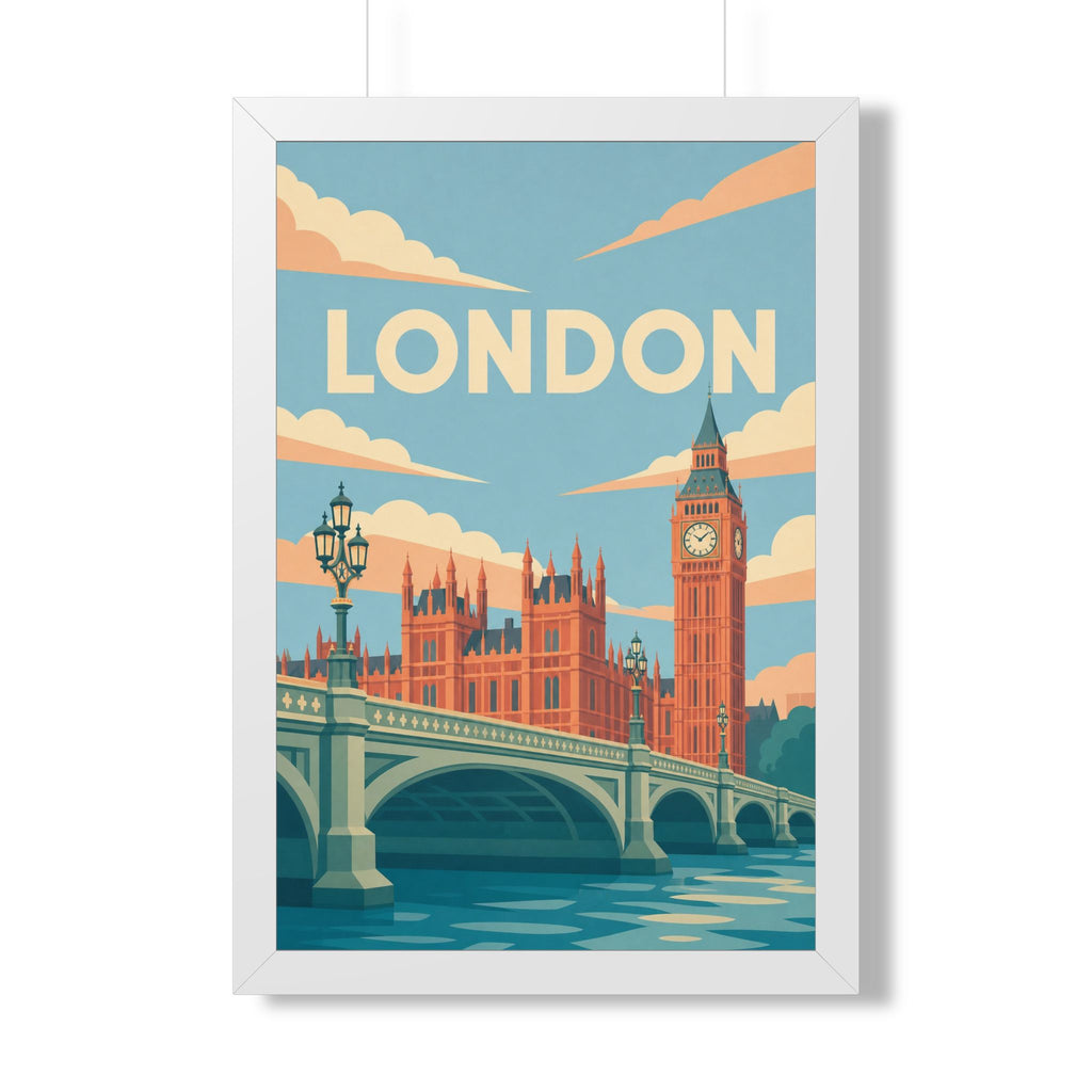 London Westminster United Kingdom Framed Poster | Vintage Travel Wall Art | Black Walnut White Frame | 16x24 20x30
