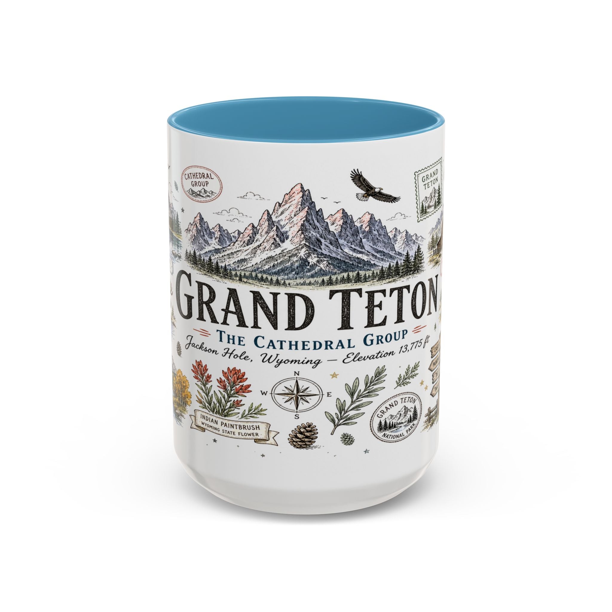 Grand Teton Coffee Mug | National Park Hiking Wyoming Gift | Accent Color Ceramic 11oz 15oz