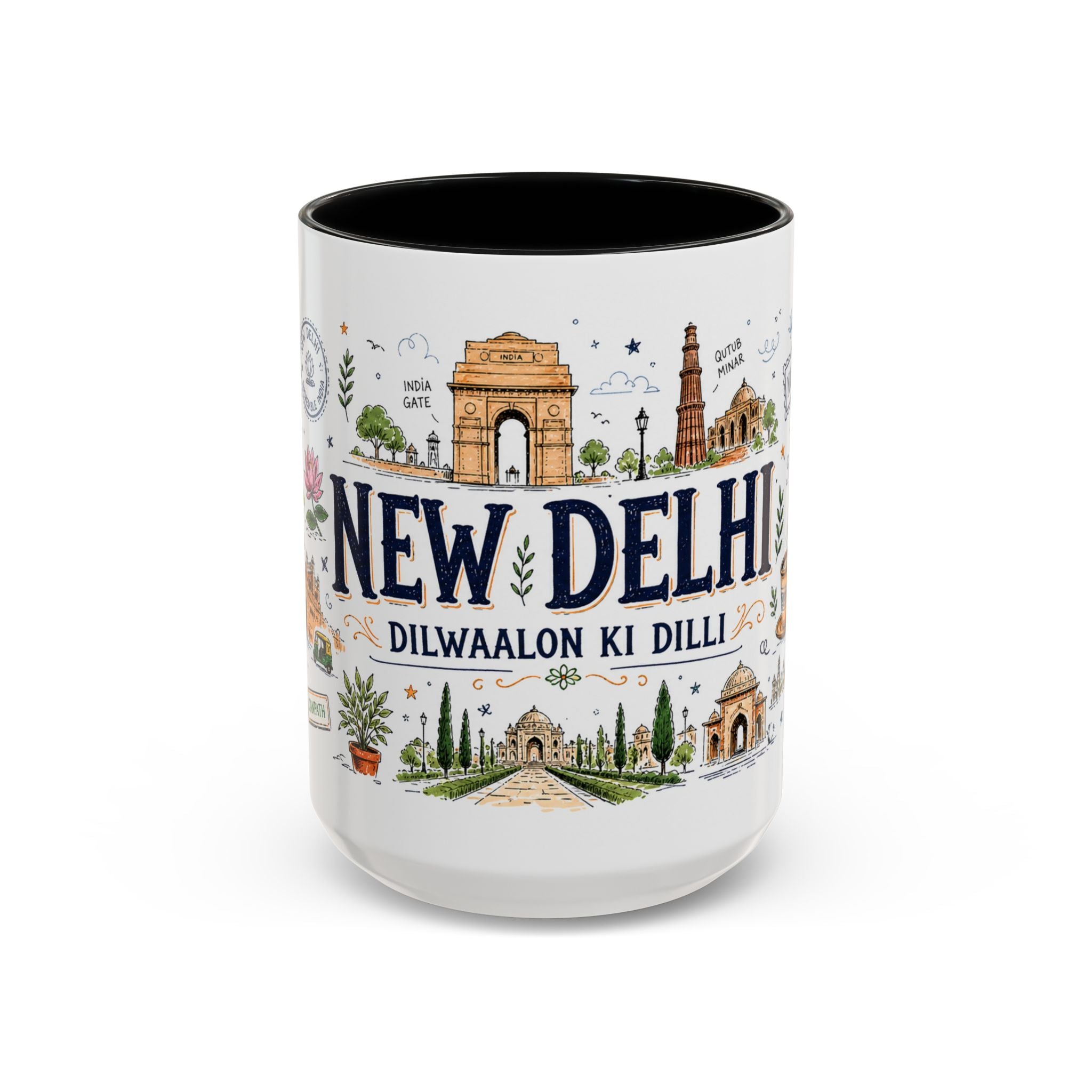 New Delhi Coffee Mug | India Souvenir Travel Gift | Accent Color Ceramic 11oz 15oz