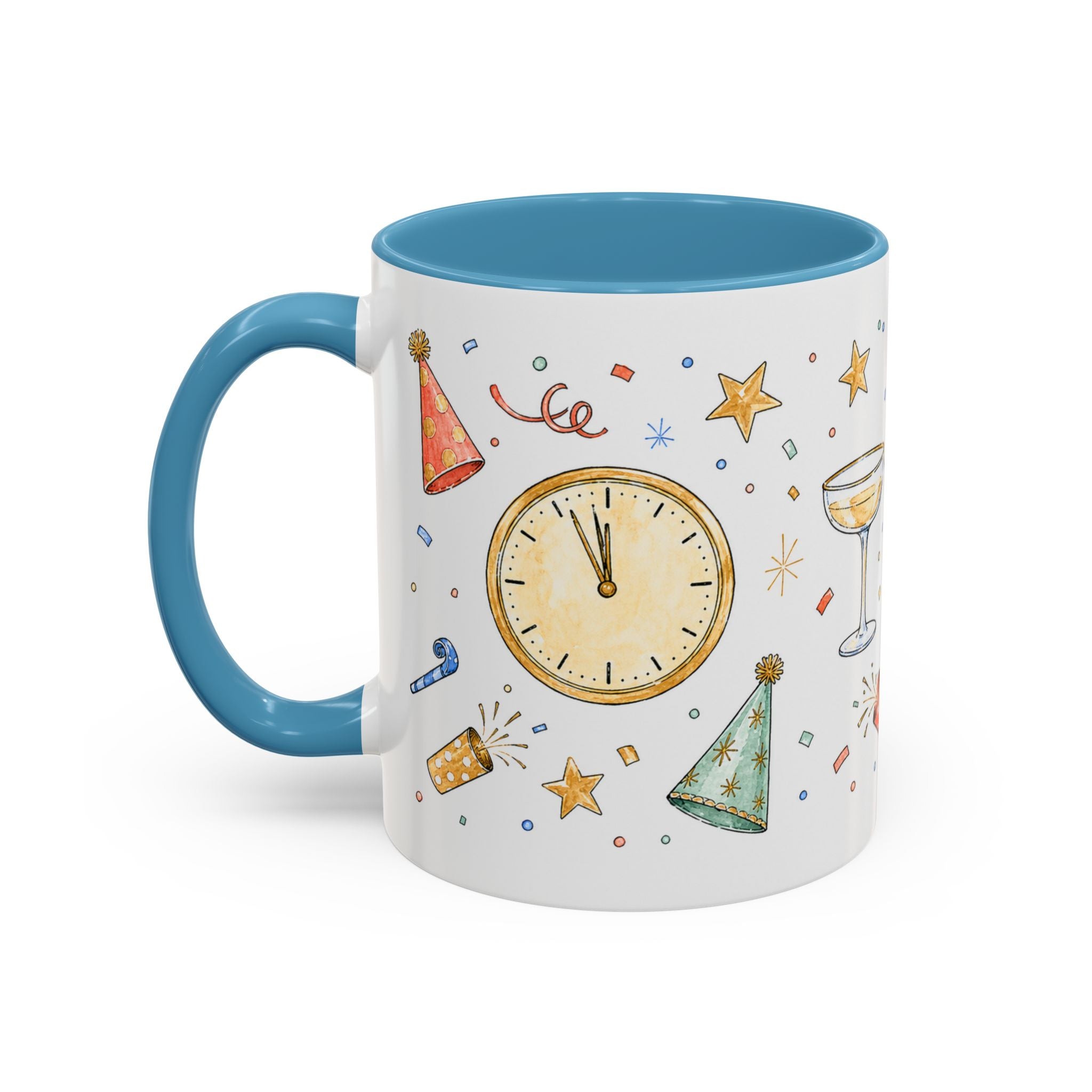 New Year Mug | Midnight Clock Toast Watercolor Celebration Gift | Accent Cup 11oz 15oz