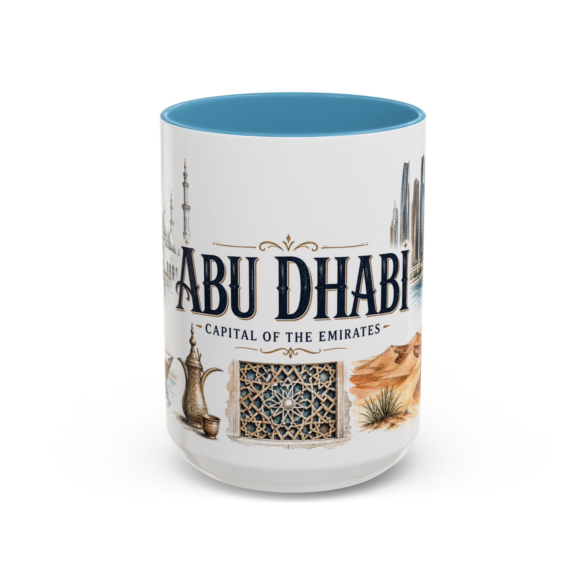 Abu Dhabi Coffee Mug | United Arab Emirates Travel Souvenir | Vintage Illustrated City Gift | 11 oz 15 oz Accent Mug