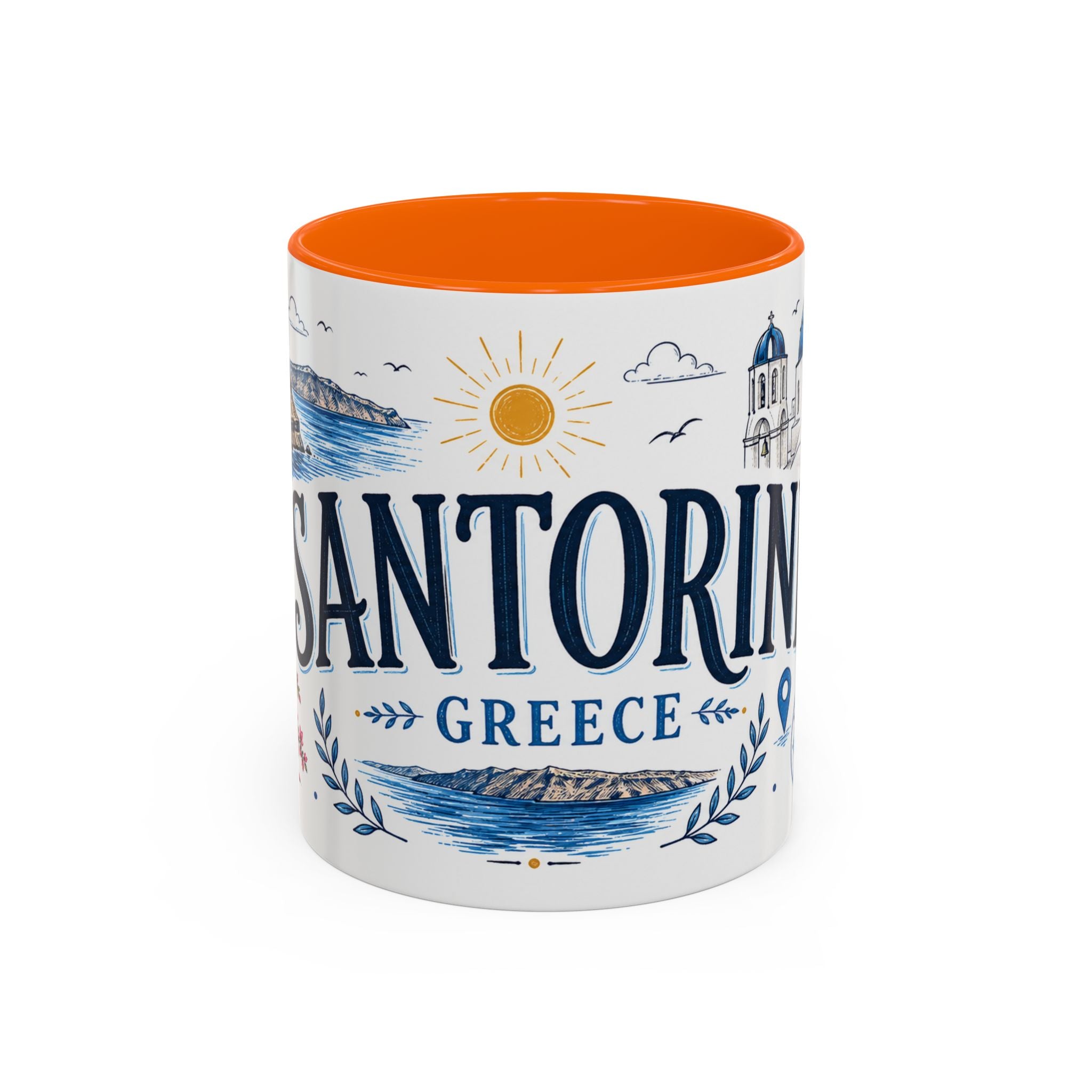 Santorini Coffee Mug | Travel Destination Souvenir Gift | Accent Color Ceramic 11oz 15oz