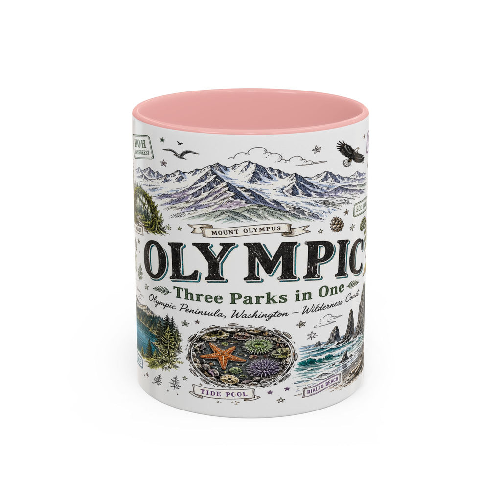 Olympic Coffee Mug | National Park Hiking Rainforest Gift | Accent Color Ceramic 11oz 15oz
