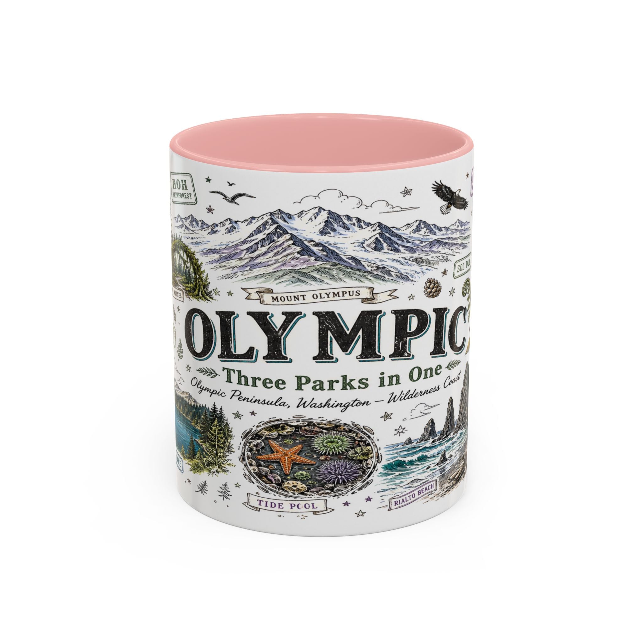 Olympic Coffee Mug | National Park Hiking Rainforest Gift | Accent Color Ceramic 11oz 15oz