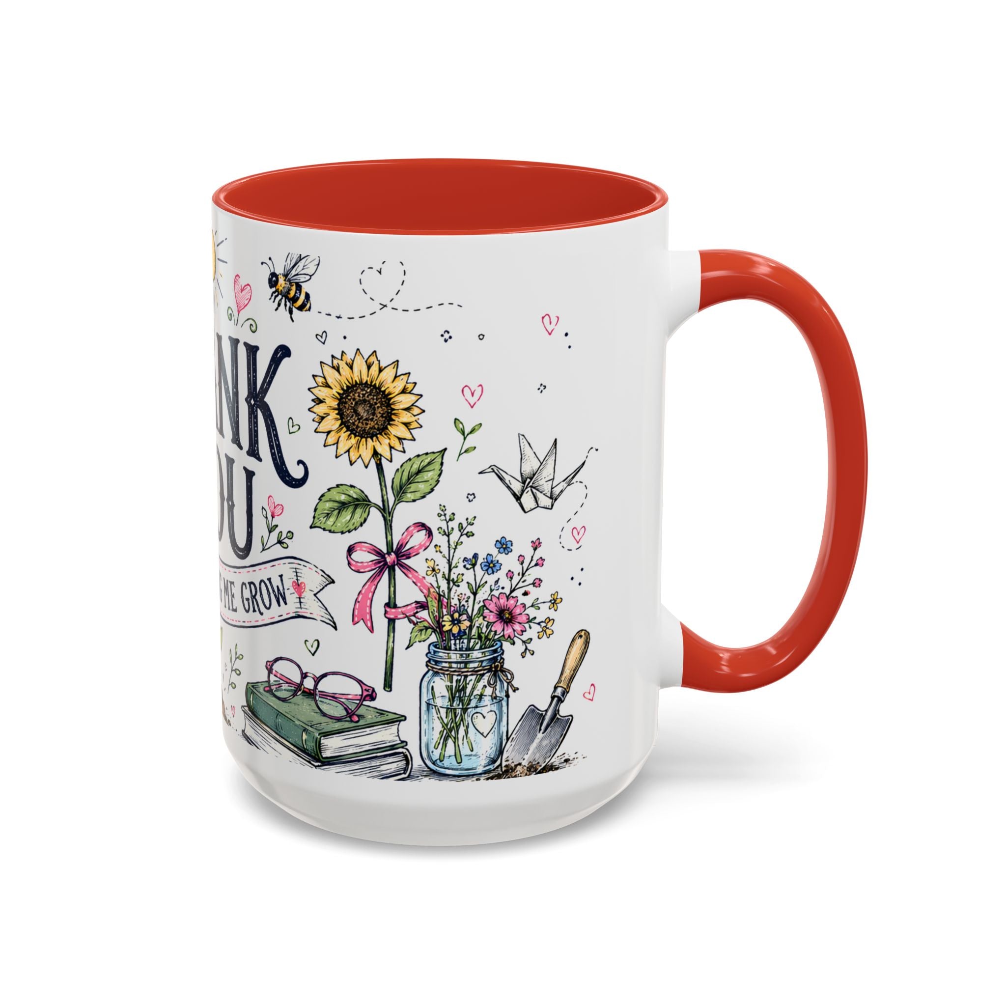 Thank You Teacher Coffee Mug | For Helping Me Grow Appreciation Gift | Accent Color Ceramic 11oz 15oz