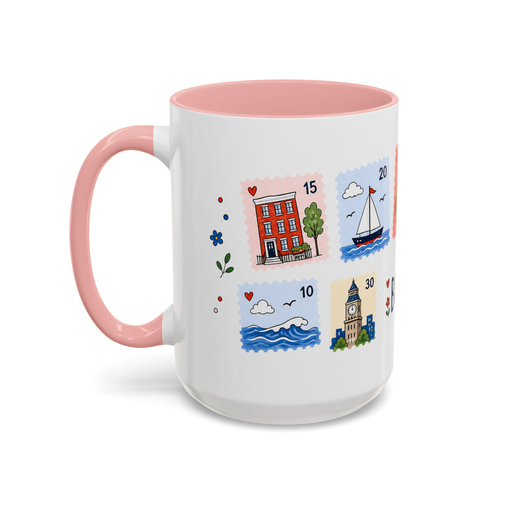 Boston Coffee Mug | Postage Stamp Collage Mug | Travel Souvenir Accent Cup 11oz 15oz