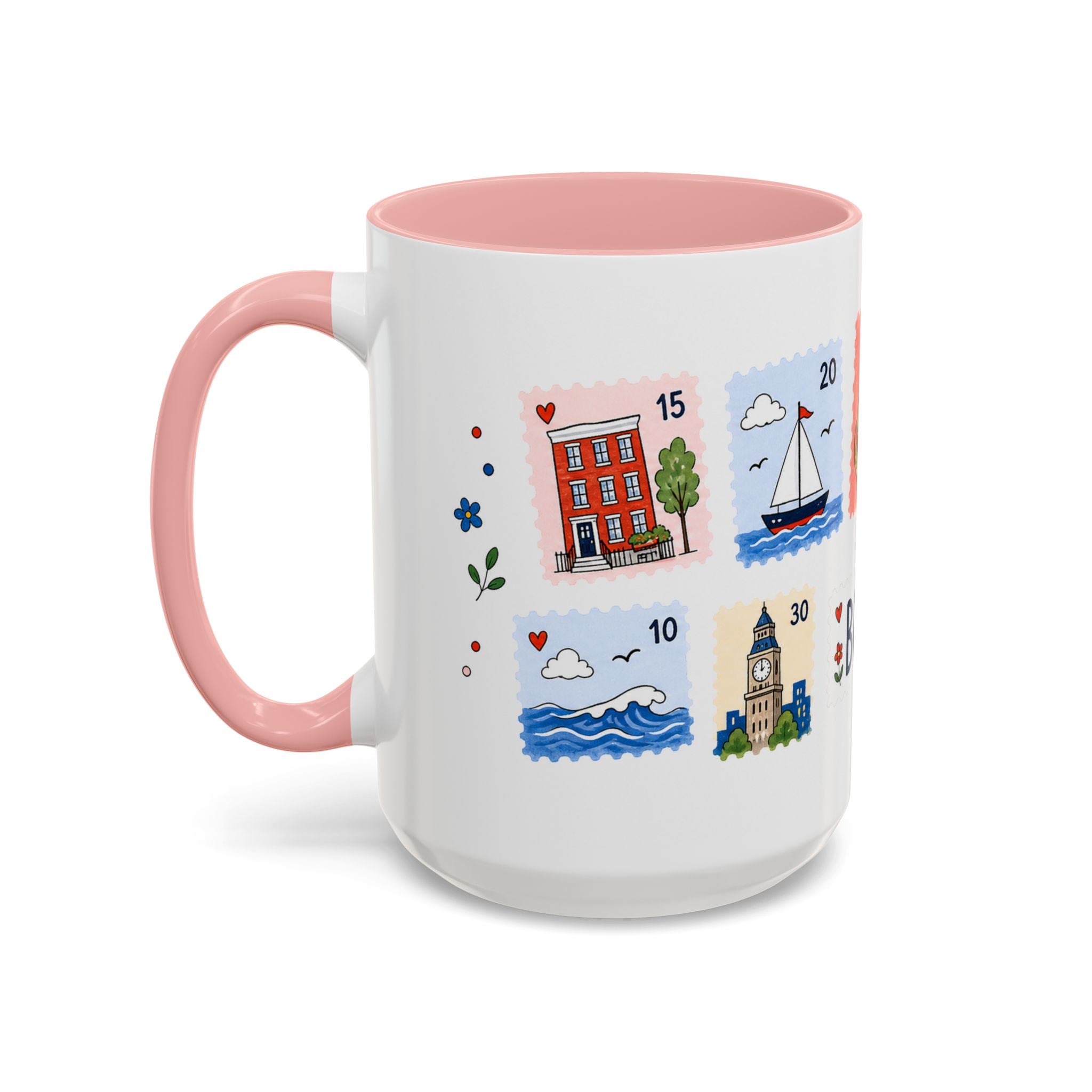 Boston Coffee Mug | Postage Stamp Collage Mug | Travel Souvenir Accent Cup 11oz 15oz