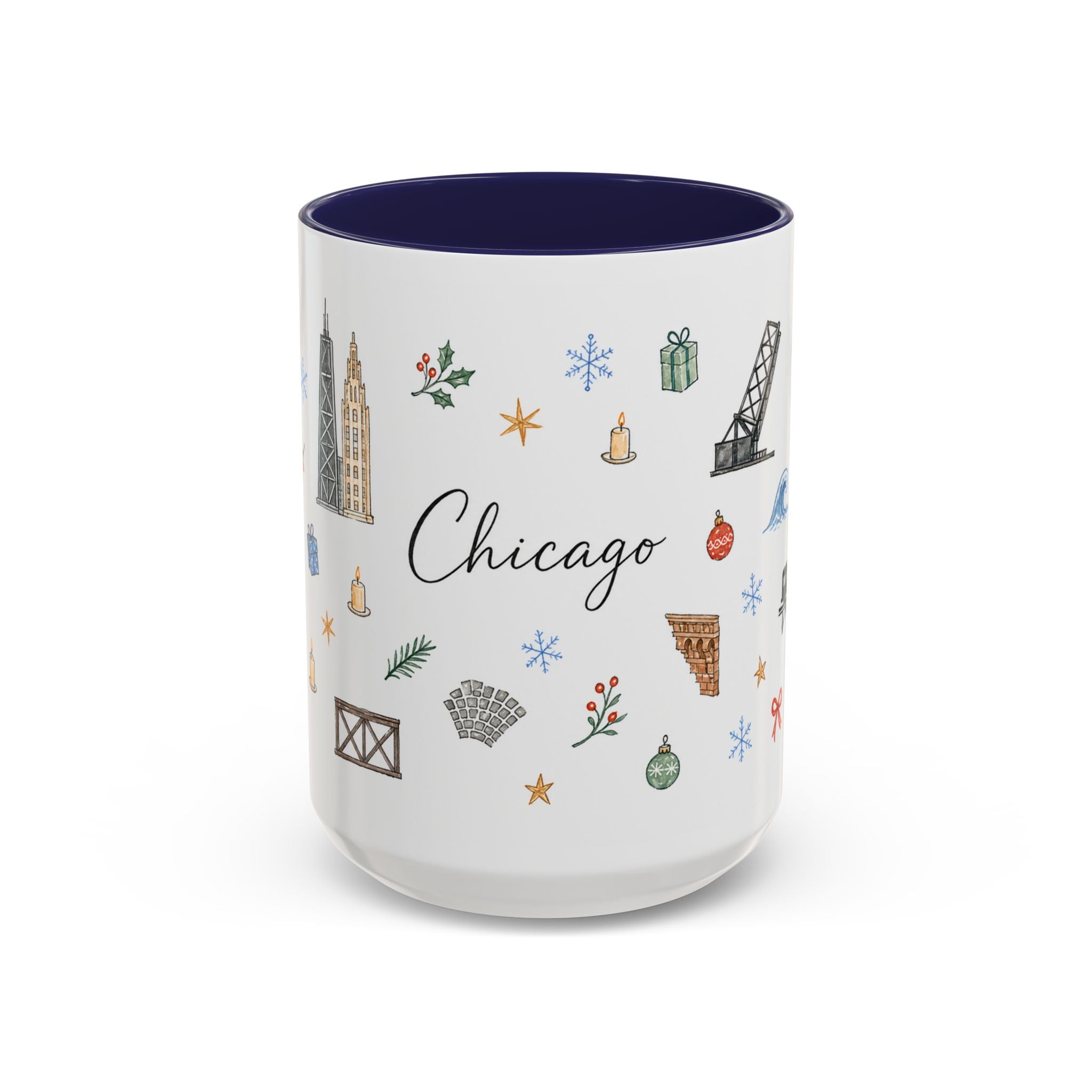 Chicago Christmas Mug | Watercolor Travel Souvenir | Holiday Gift | Accent Ceramic Coffee Cup 11oz 15oz