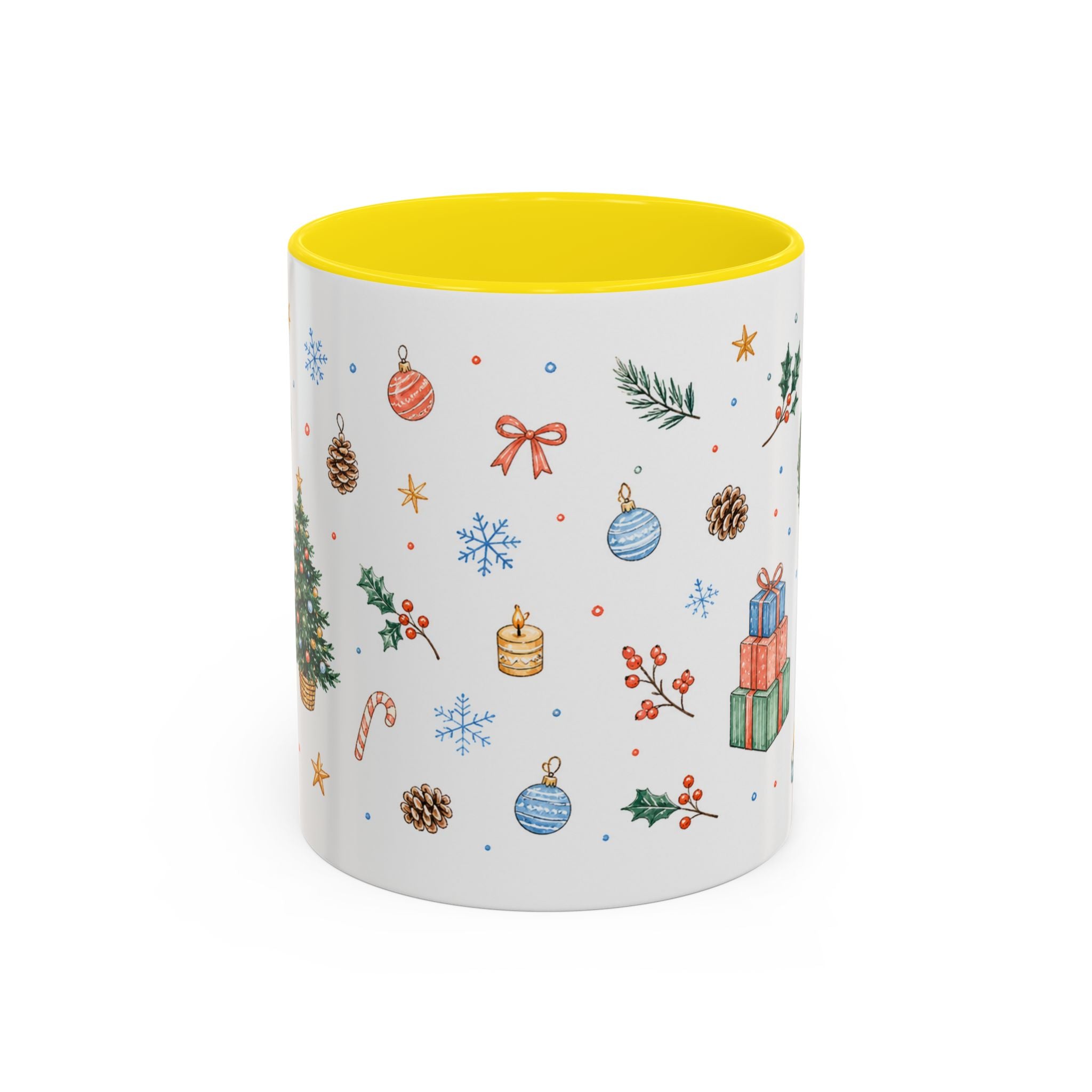 Christmas Mug | Watercolor Tree Gifts Wreath Holiday Cup | Accent Coffee Mug 11oz 15oz