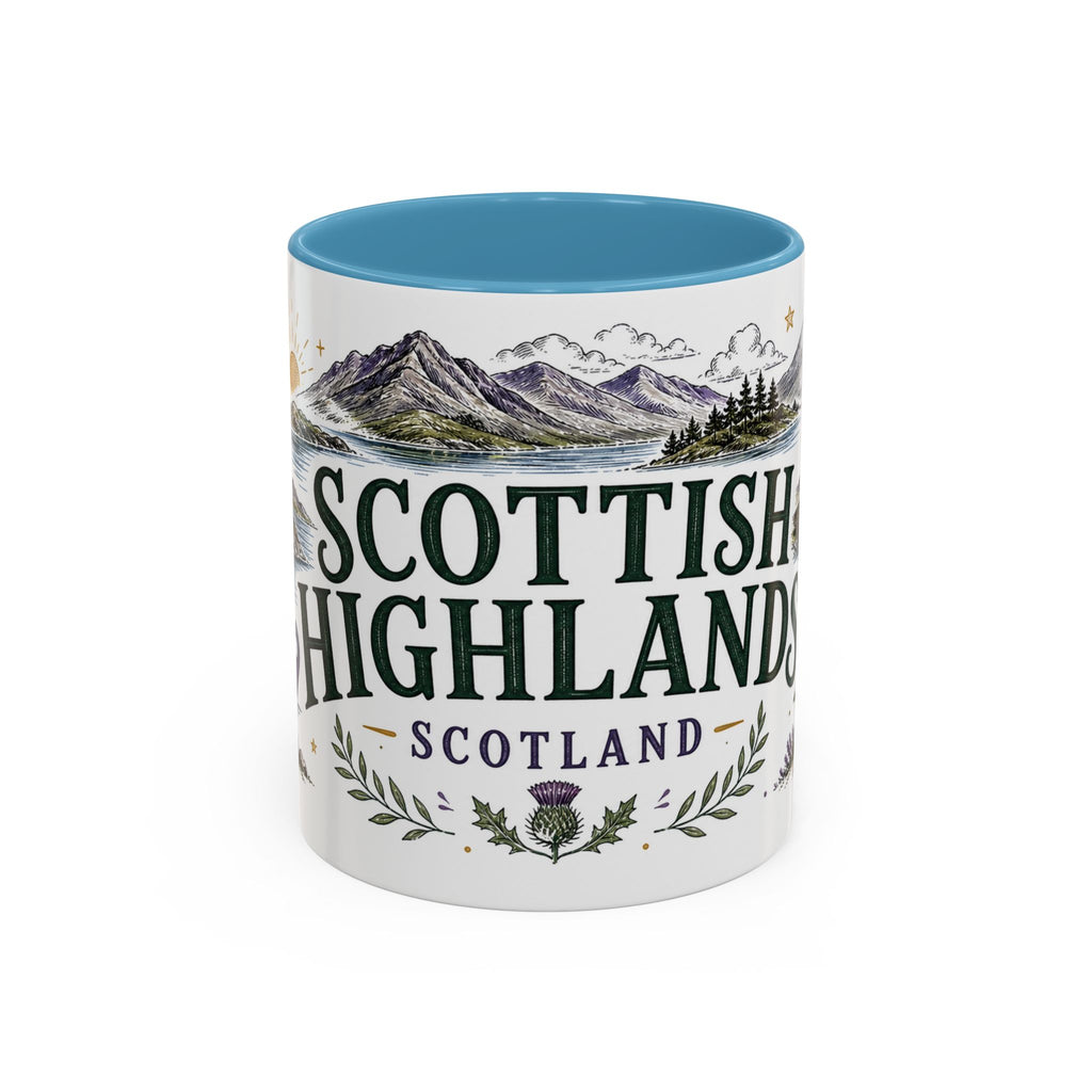 Scottish Highlands Coffee Mug | Travel Destination Souvenir Gift | Accent Color Ceramic 11oz 15oz