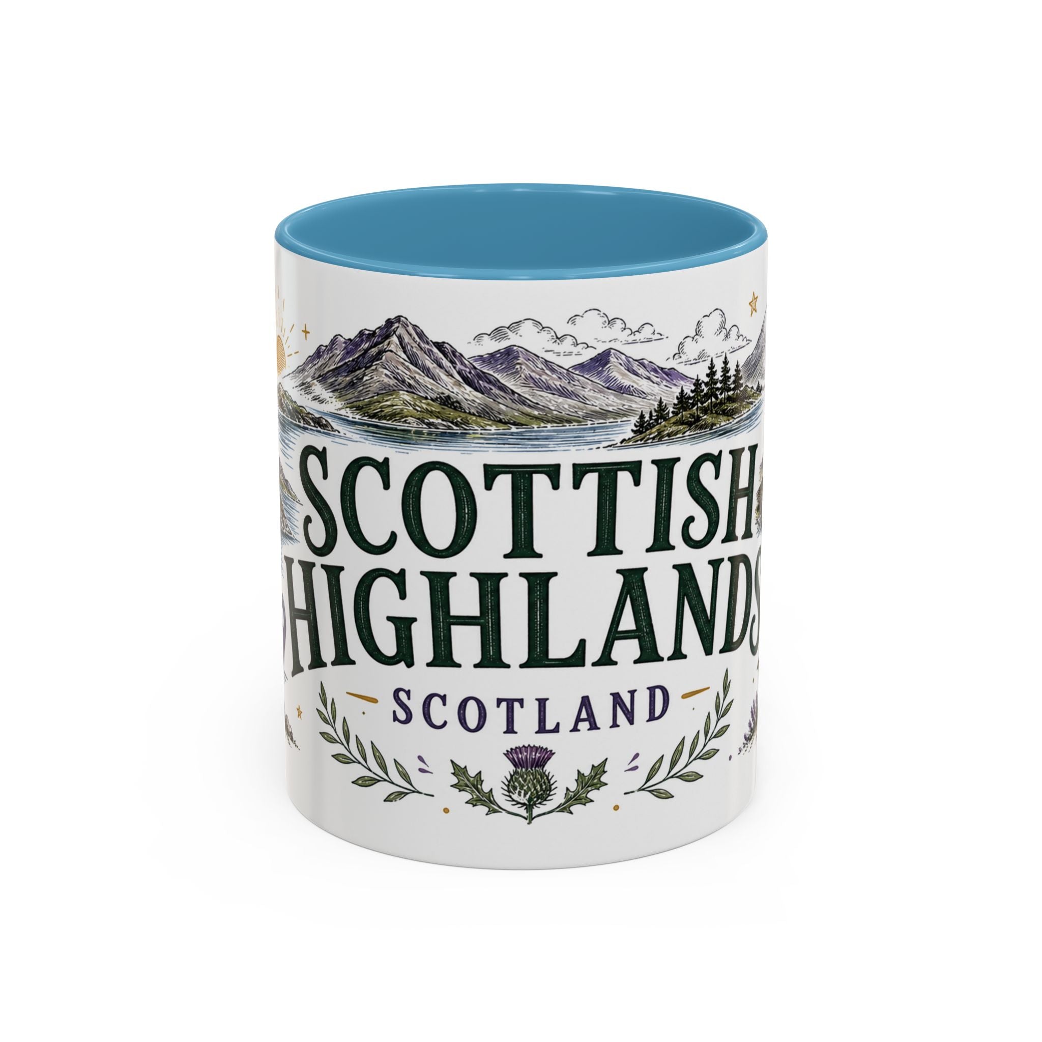 Scottish Highlands Coffee Mug | Travel Destination Souvenir Gift | Accent Color Ceramic 11oz 15oz
