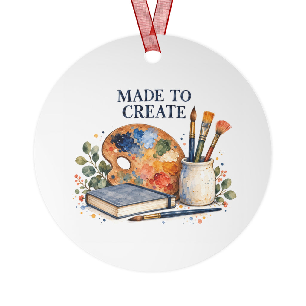 Front view of a round aluminum ornament with art teaching artwork.