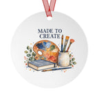 Front view of a round aluminum ornament with art teaching artwork.