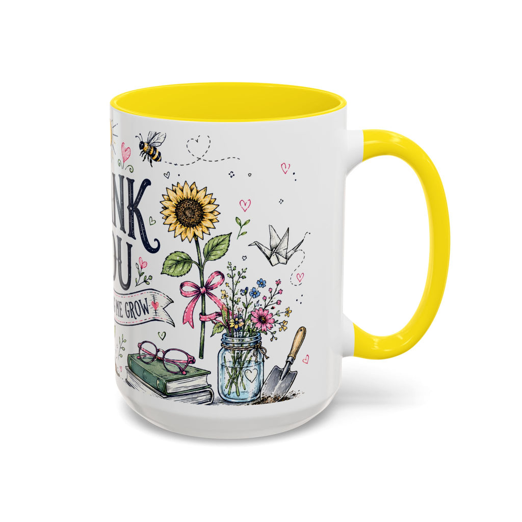 Thank You Teacher Coffee Mug | For Helping Me Grow Appreciation Gift | Accent Color Ceramic 11oz 15oz