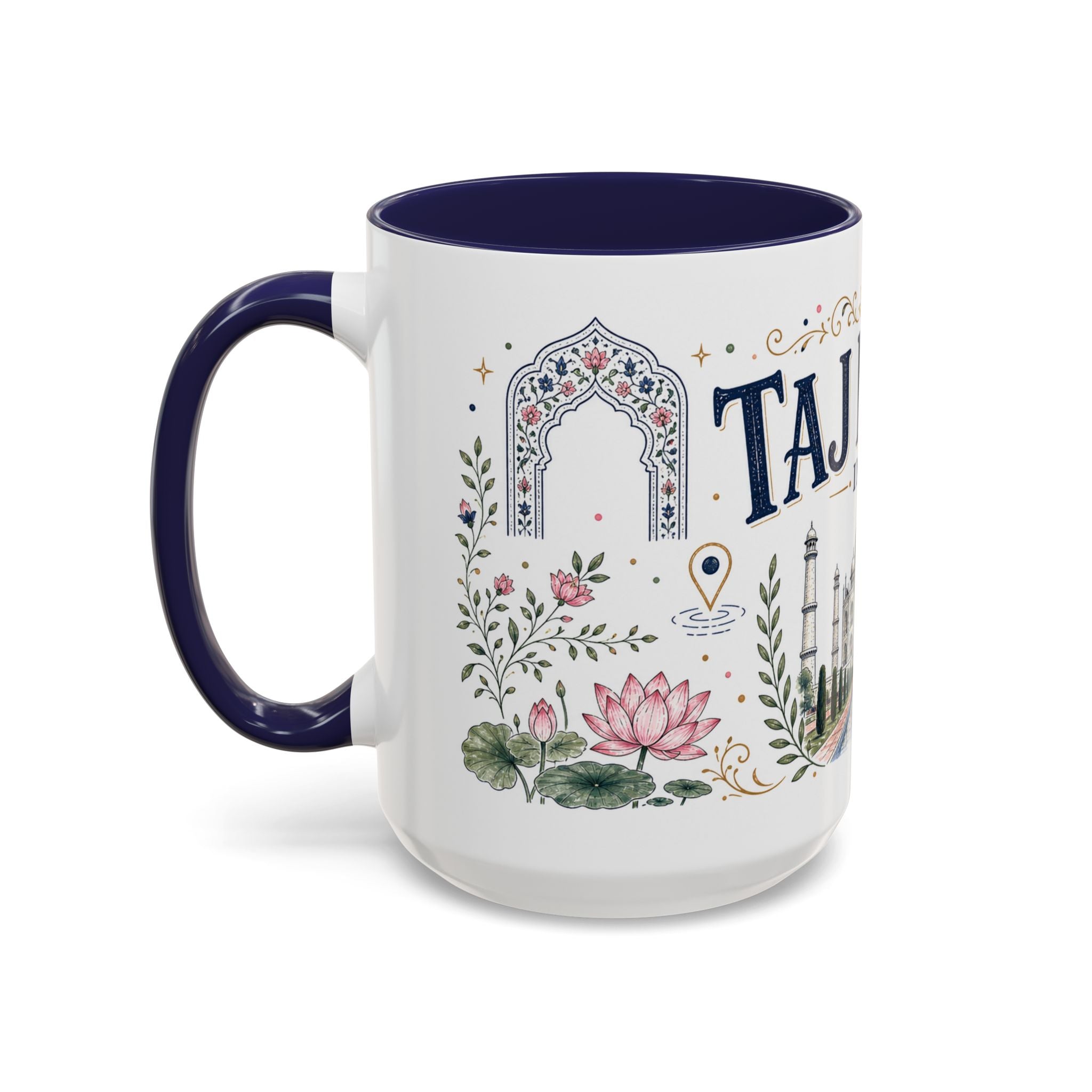 Taj Mahal Coffee Mug | Travel Destination Souvenir Gift | Accent Color Ceramic 11oz 15oz