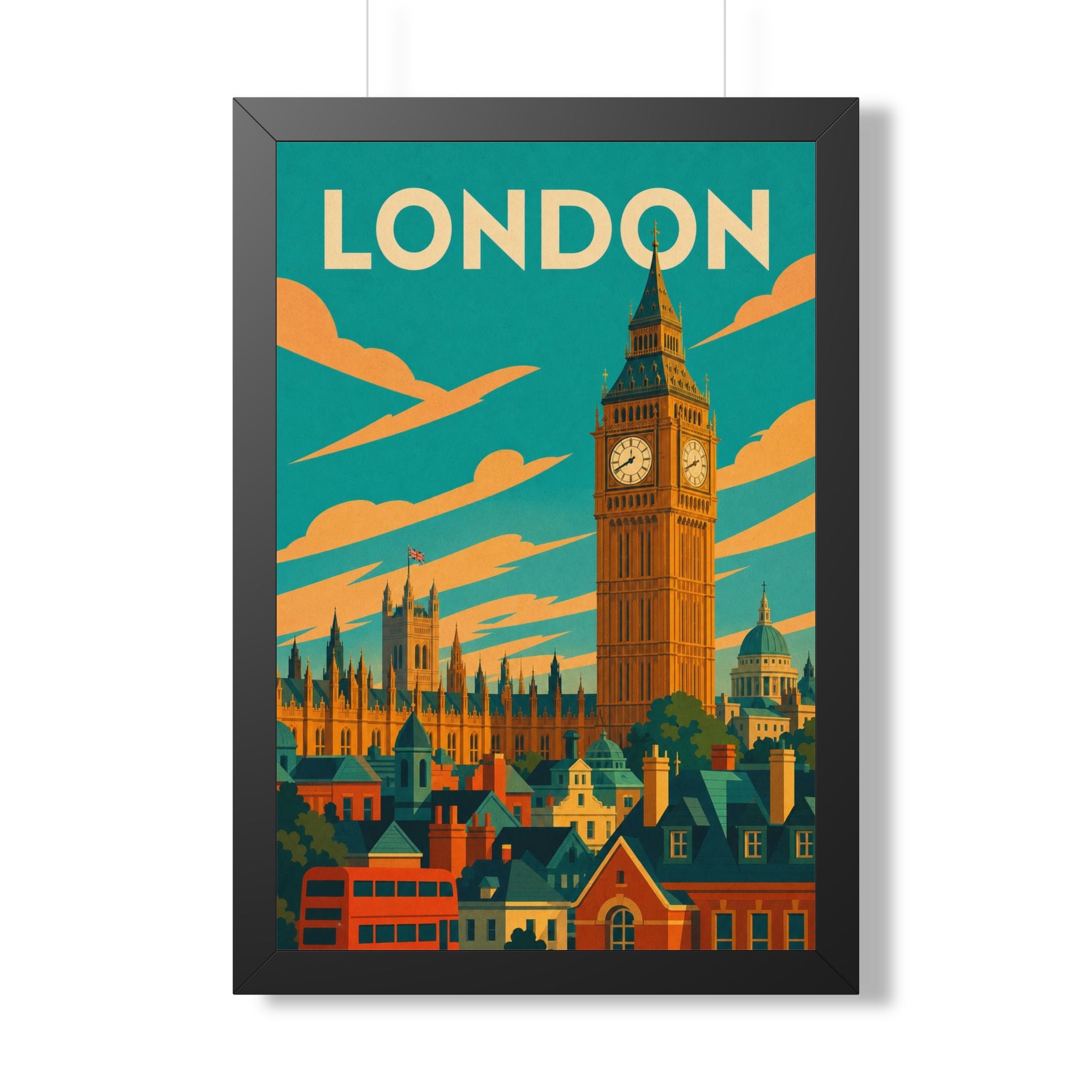 London Big Ben United Kingdom Framed Poster | Vintage Travel Wall Art | Black Walnut White Frame | 16x24 20x30