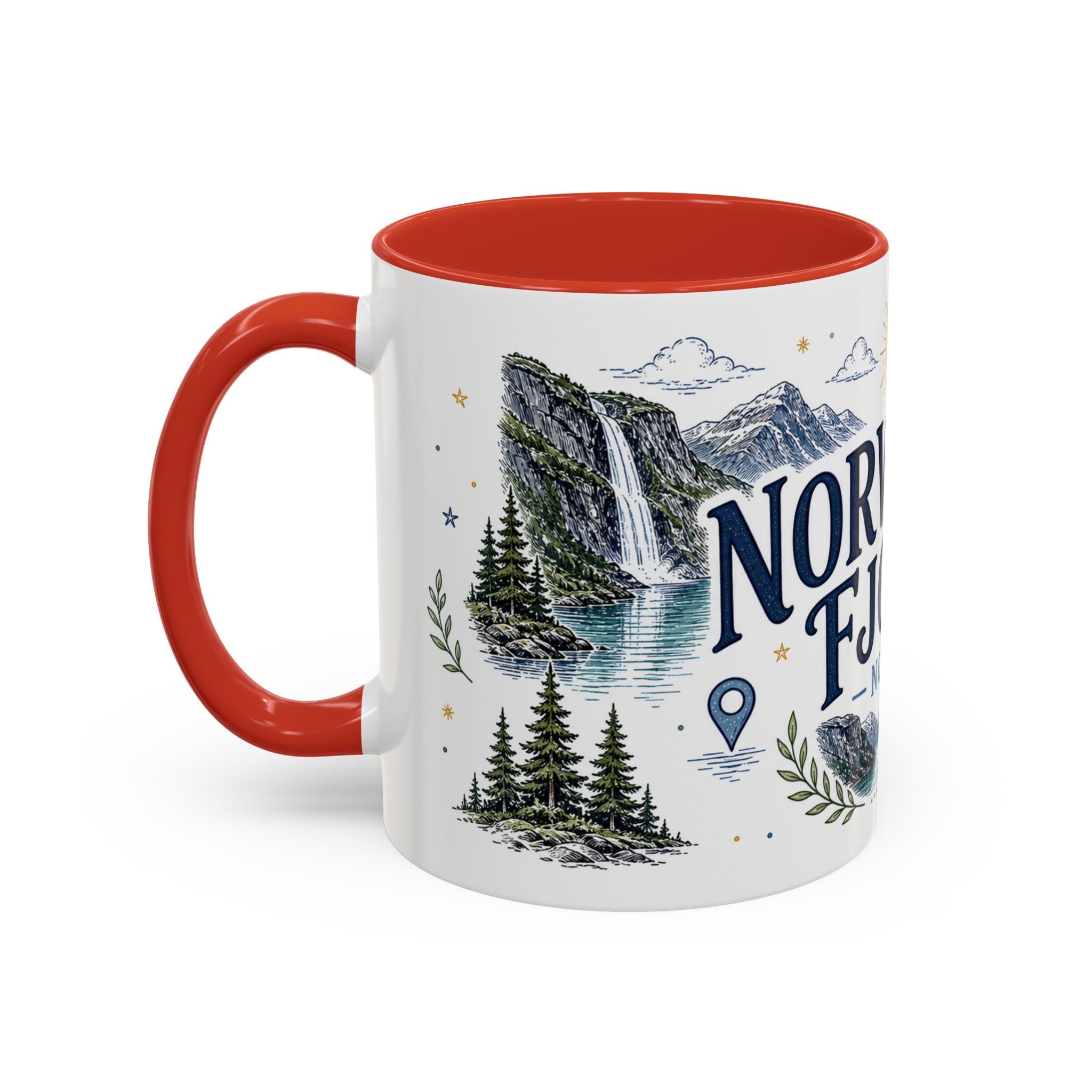 Norwegian Fjords Coffee Mug | Travel Destination Souvenir Gift | Accent Color Ceramic 11oz 15oz