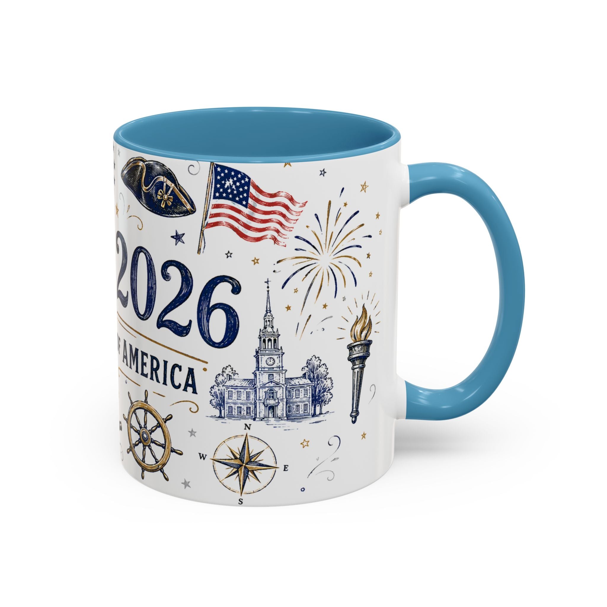 America 250 Coffee Mug | 1776-2026 Patriotic 4th of July Gift | Accent Color Ceramic 11oz 15oz