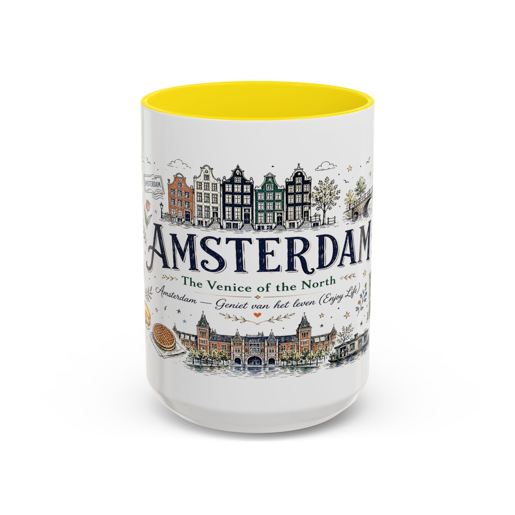 Amsterdam Coffee Mug | Netherlands Souvenir Travel Gift | Accent Color Ceramic 11oz 15oz