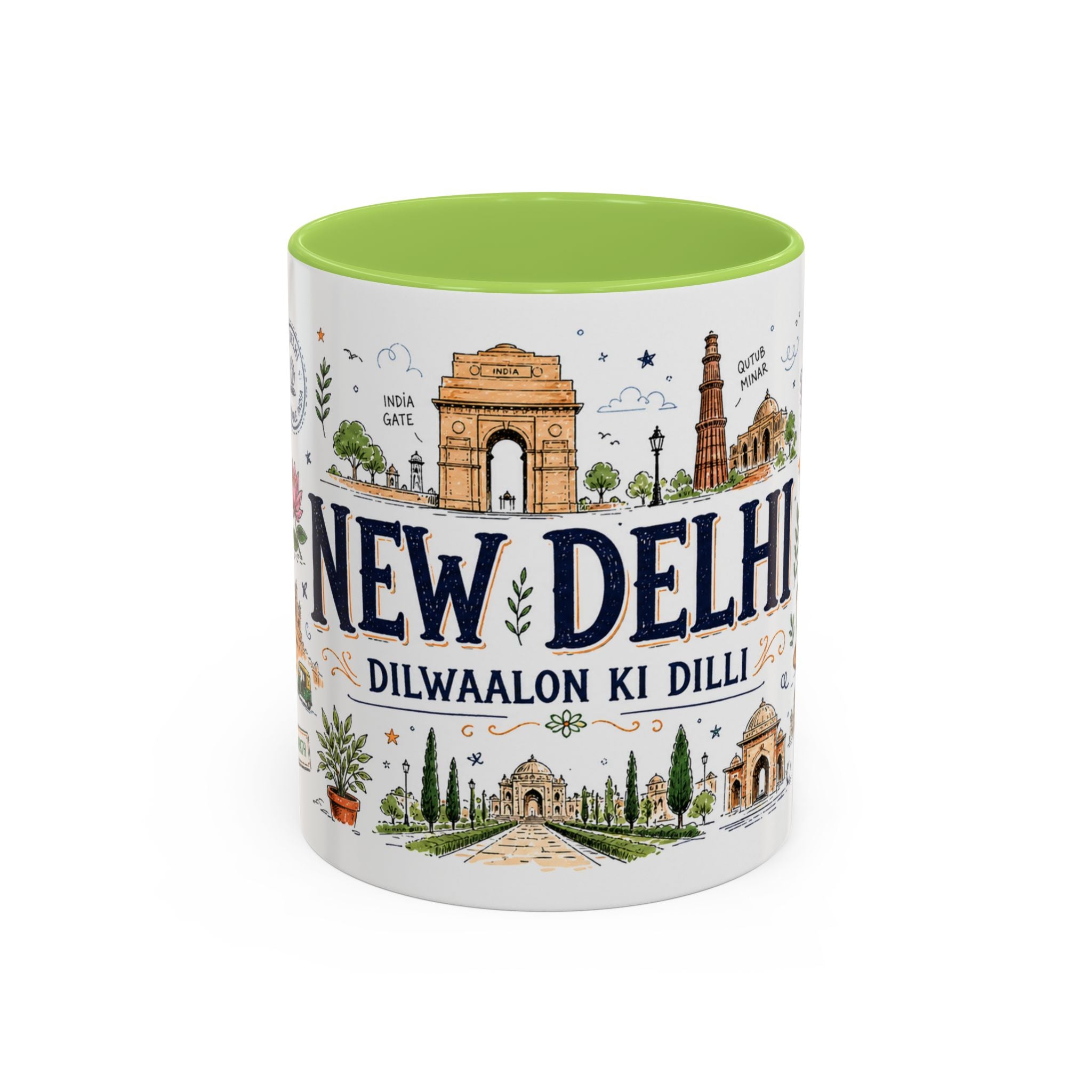 New Delhi Coffee Mug | India Souvenir Travel Gift | Accent Color Ceramic 11oz 15oz