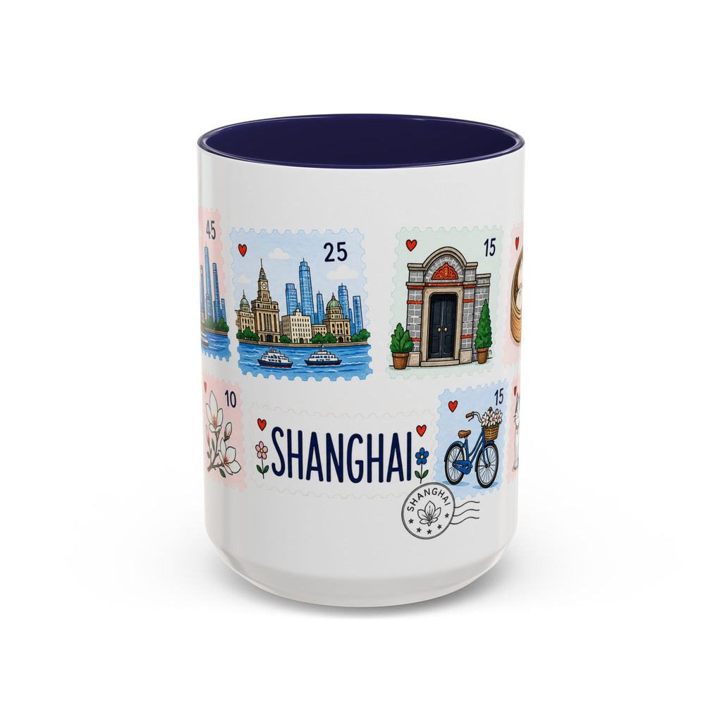 Shanghai Coffee Mug | Postage Stamp Collage Mug | Travel Souvenir Accent Cup 11oz 15oz