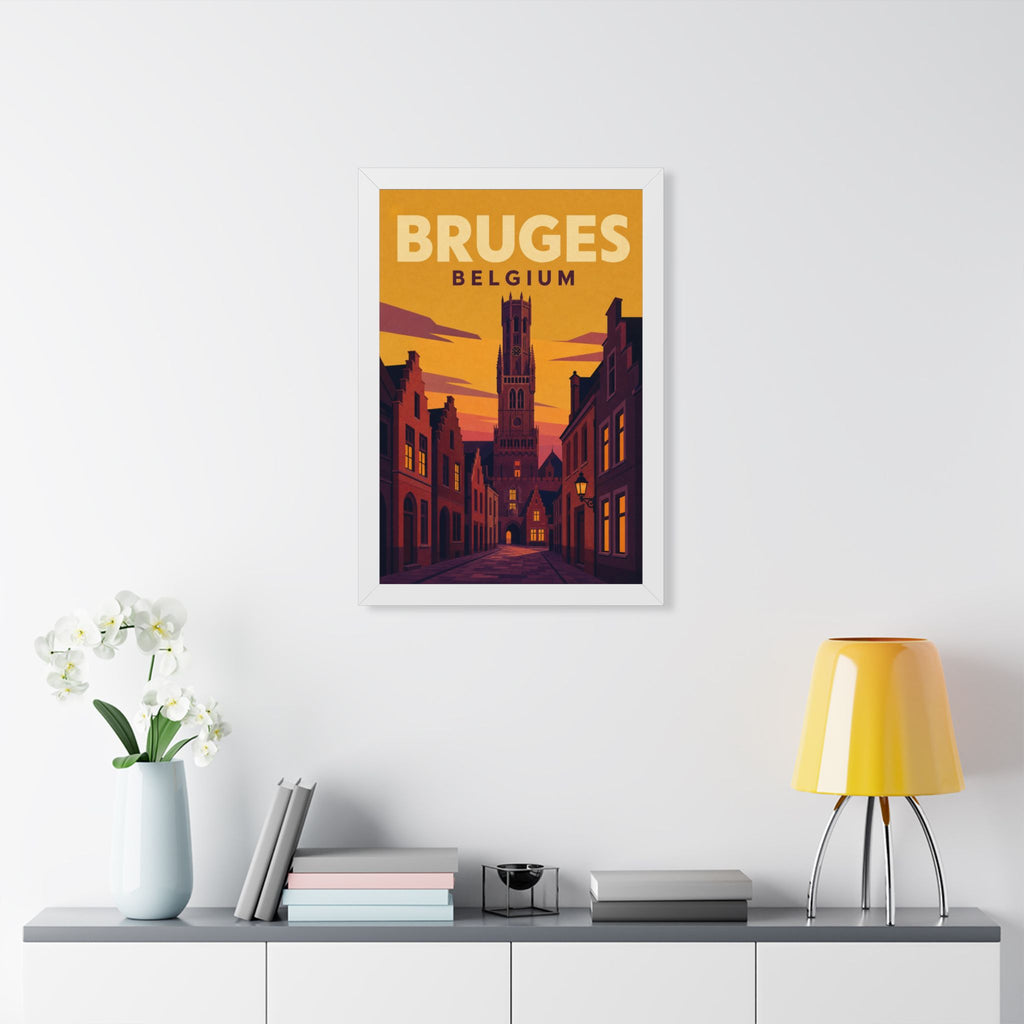 Bruges Belgium Framed Poster | Vintage Travel Wall Art | Black Walnut White Frame | 16x24 20x30
