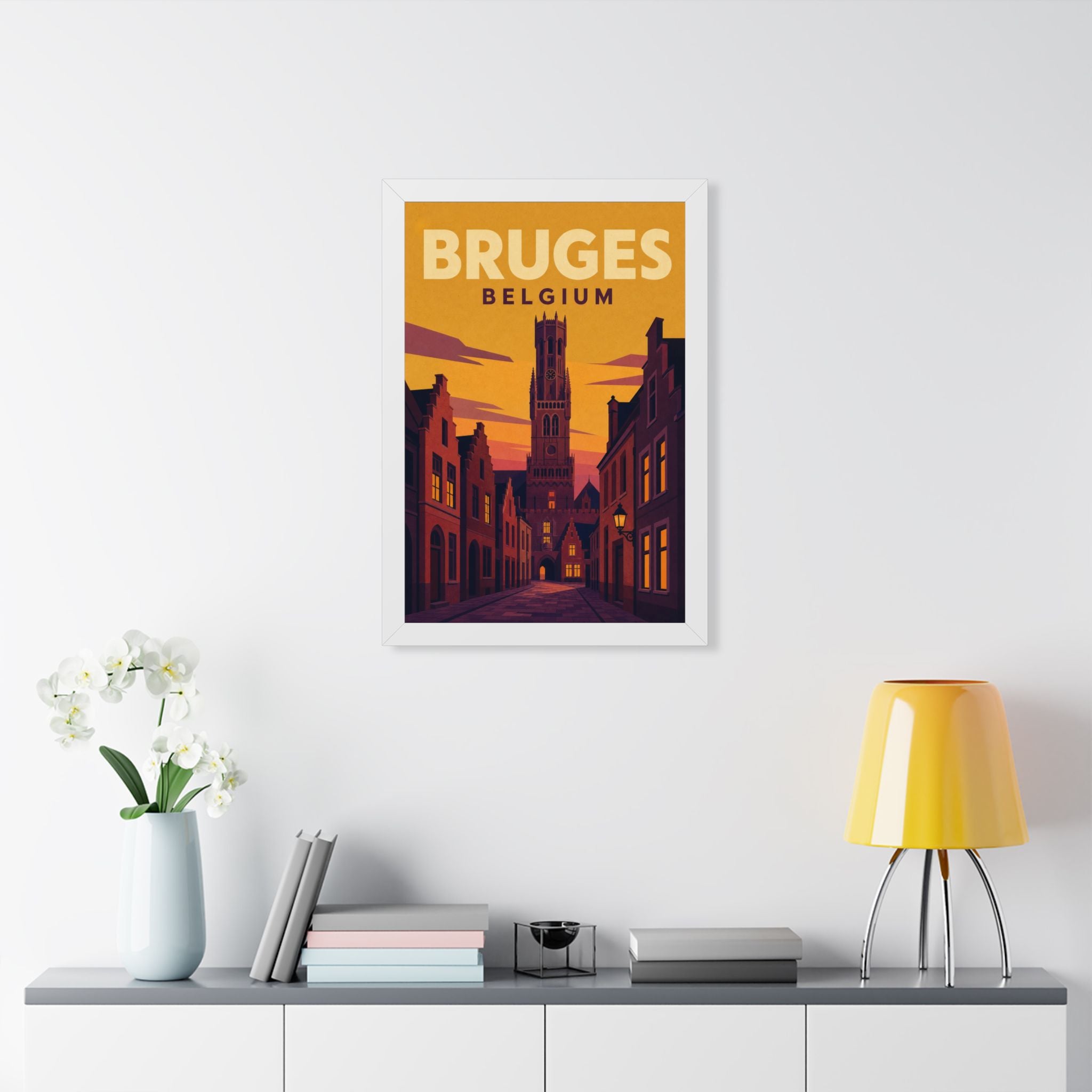 Bruges Belgium Framed Poster | Vintage Travel Wall Art | Black Walnut White Frame | 16x24 20x30