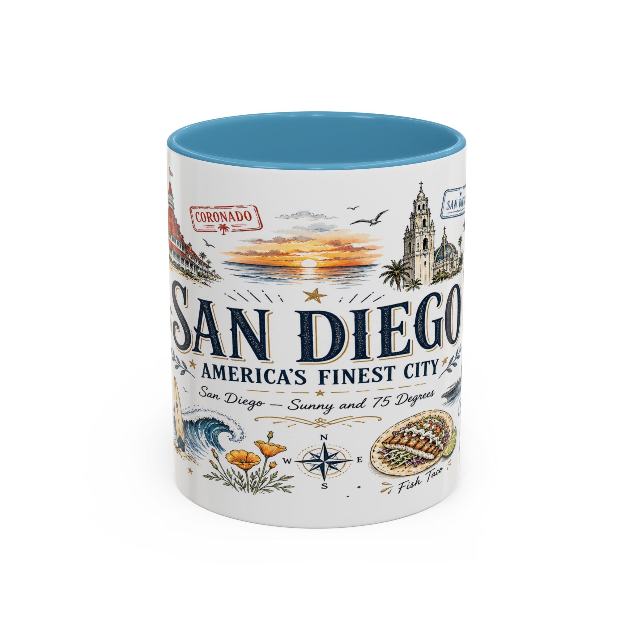 San Diego Coffee Mug | California Souvenir City Gift | Accent Color Ceramic 11oz 15oz