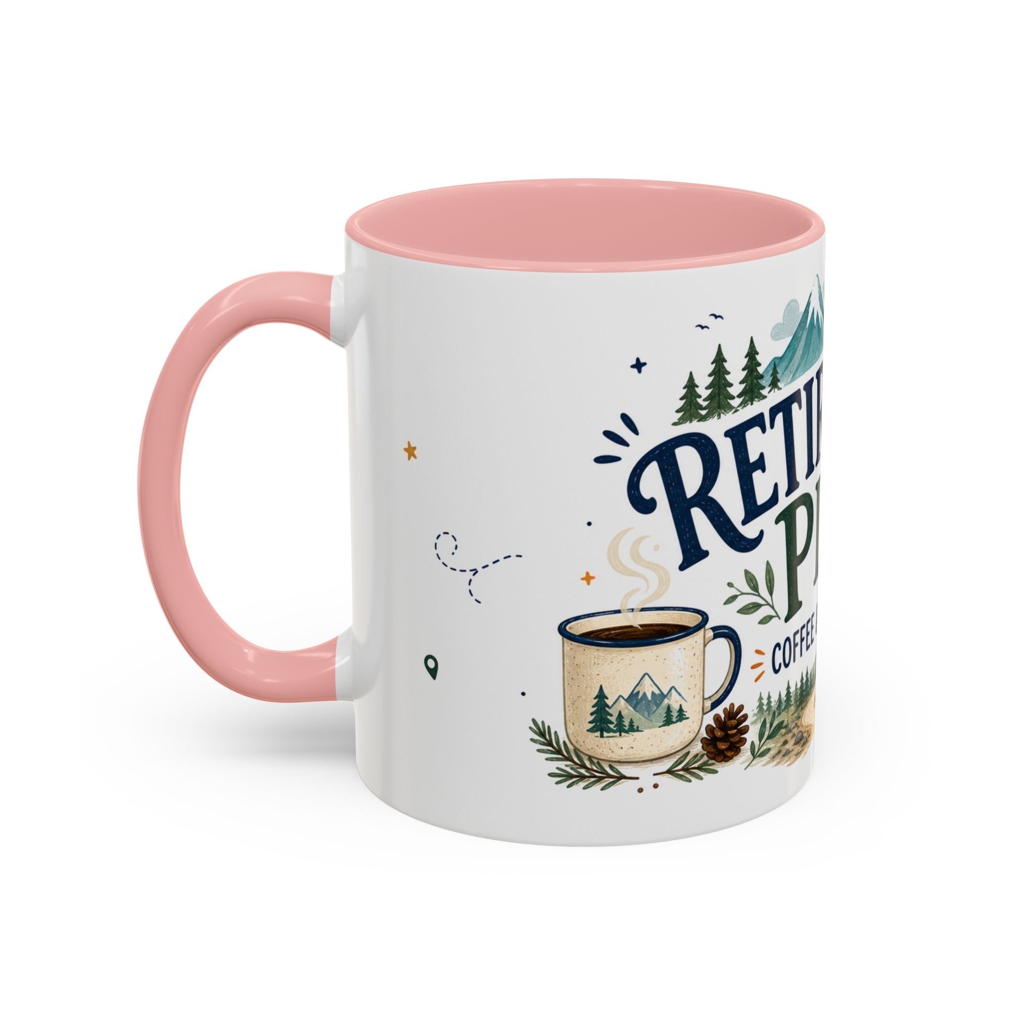 Retirement Plan Coffee And Adventures Mug | Travel Retirement Gift | Accent Color Ceramic 11oz 15oz