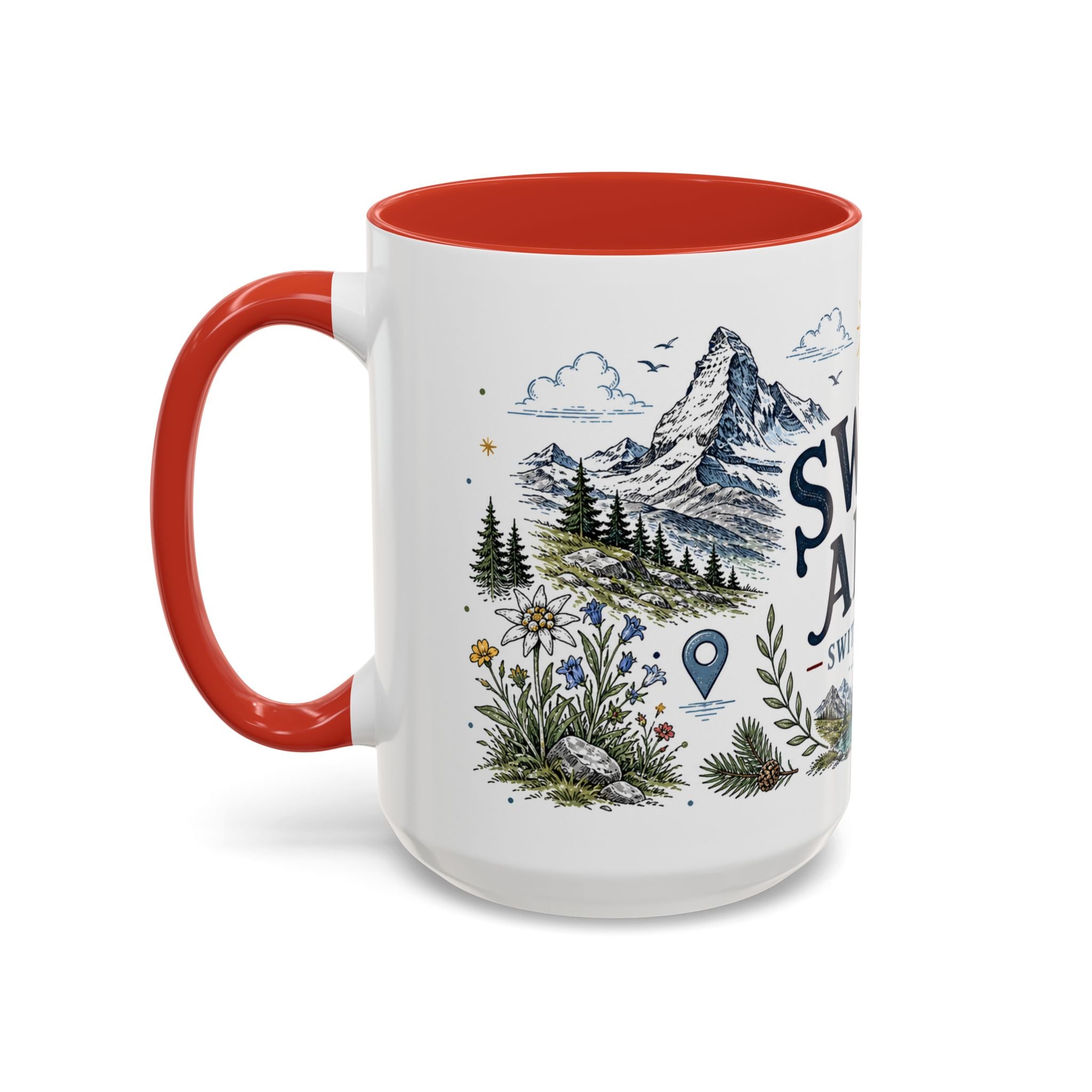 Swiss Alps Coffee Mug | Travel Destination Souvenir Gift | Accent Color Ceramic 11oz 15oz