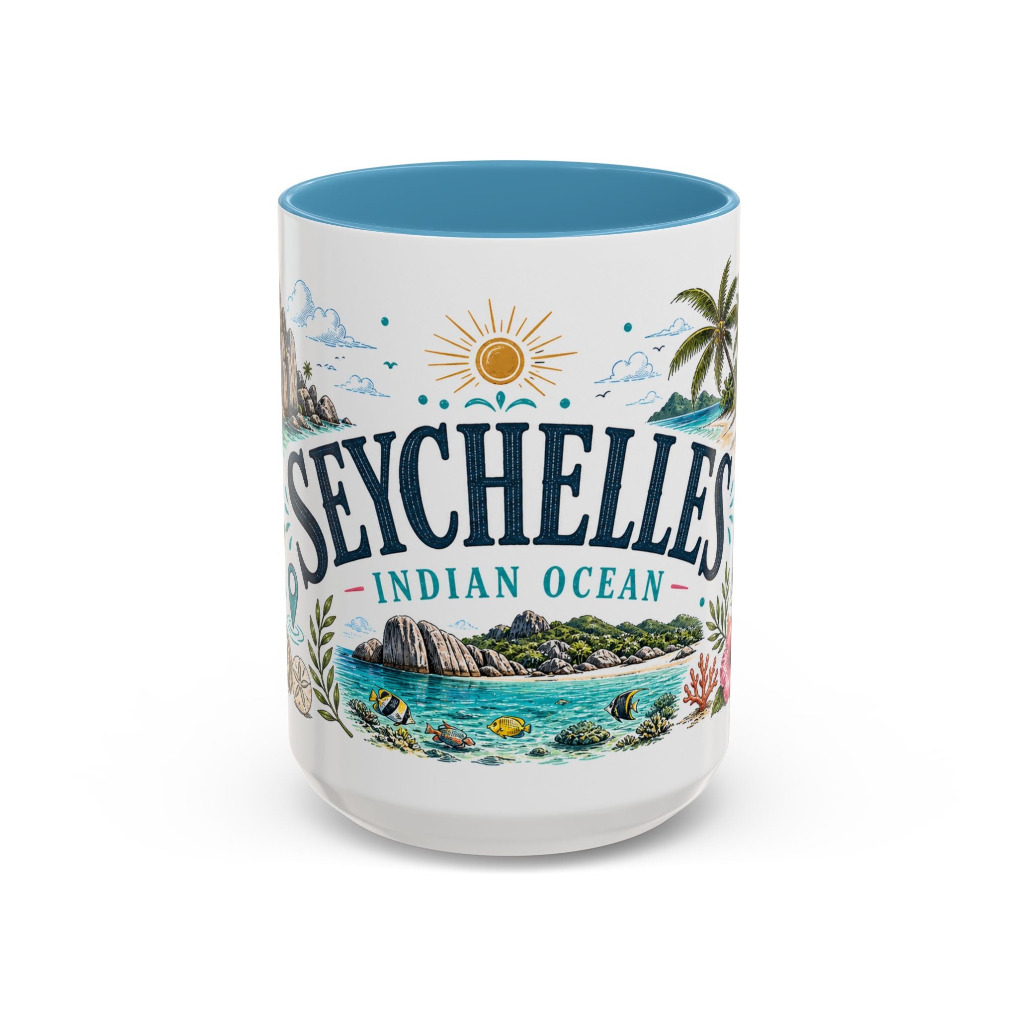 Seychelles Coffee Mug | Travel Destination Souvenir Gift | Accent Color Ceramic 11oz 15oz