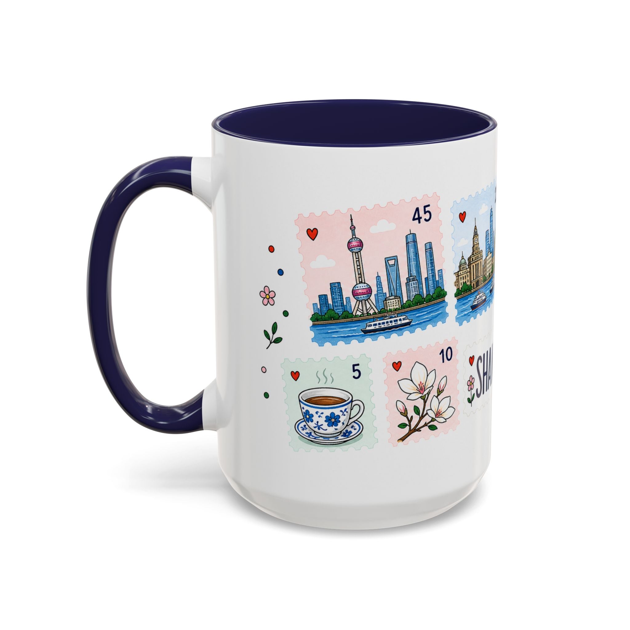 Shanghai Coffee Mug | Postage Stamp Collage Mug | Travel Souvenir Accent Cup 11oz 15oz