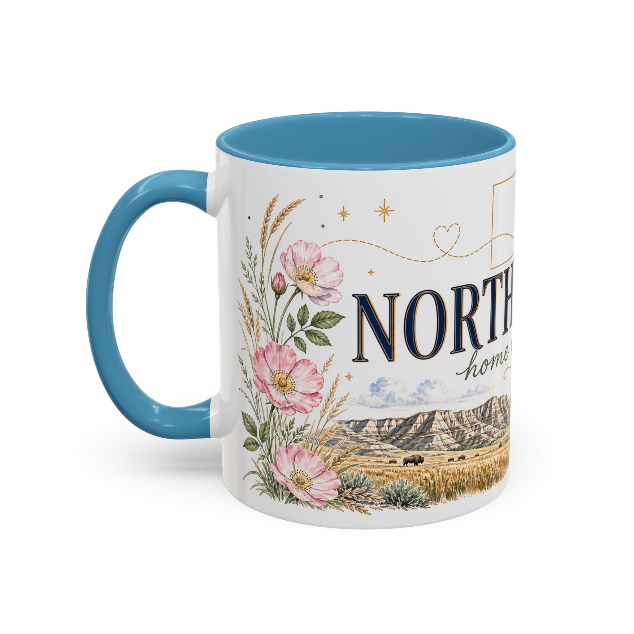 North Dakota State Map Mug | Prairie Rose Botanical Accent Coffee Cup