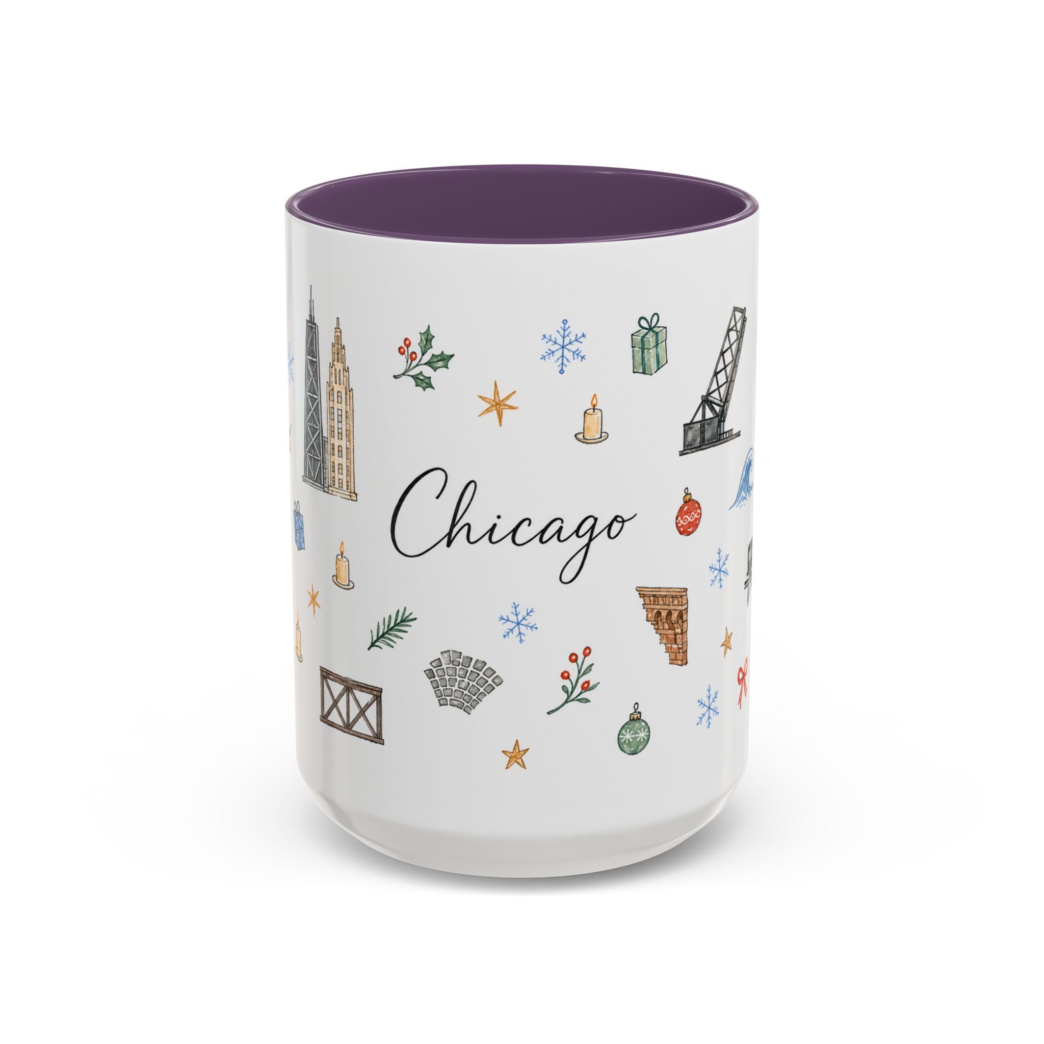 Chicago Christmas Mug | Watercolor Travel Souvenir | Holiday Gift | Accent Ceramic Coffee Cup 11oz 15oz