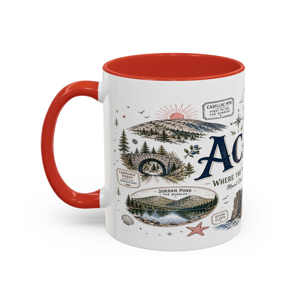 Acadia Coffee Mug | National Park Hiking Coastal Gift | Accent Color Ceramic 11oz 15oz