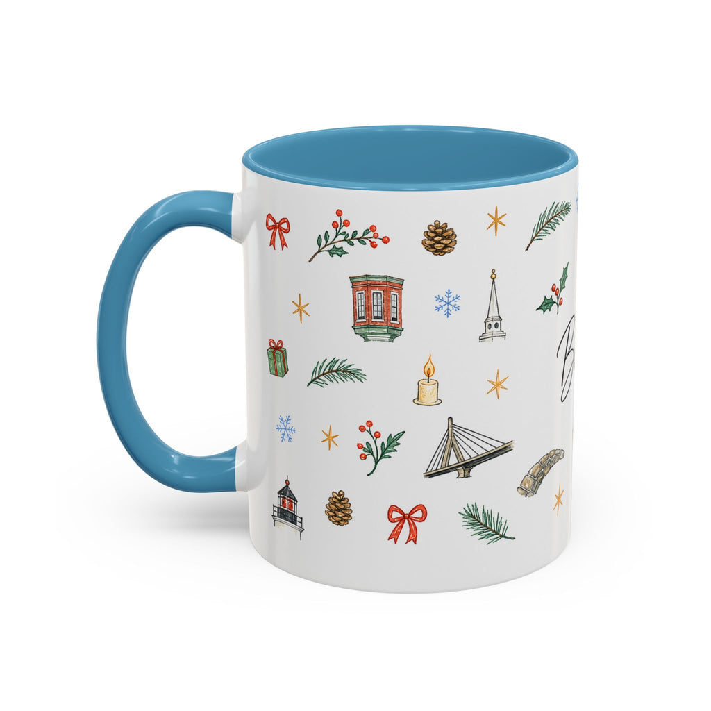 Boston Christmas Mug | Watercolor Travel Souvenir | Holiday Gift | Accent Ceramic Coffee Cup 11oz 15oz