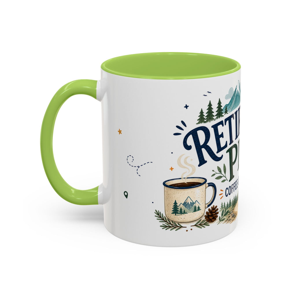 Retirement Plan Coffee And Adventures Mug | Travel Retirement Gift | Accent Color Ceramic 11oz 15oz