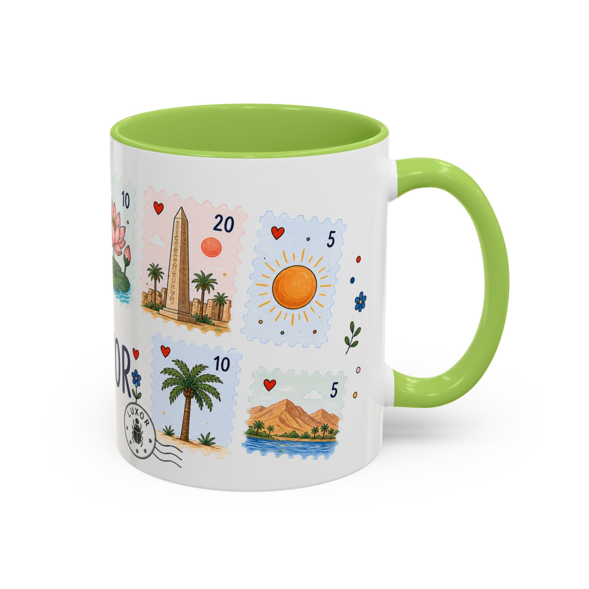 Luxor Coffee Mug | Postage Stamp Collage Mug | Travel Souvenir Accent Cup 11oz 15oz