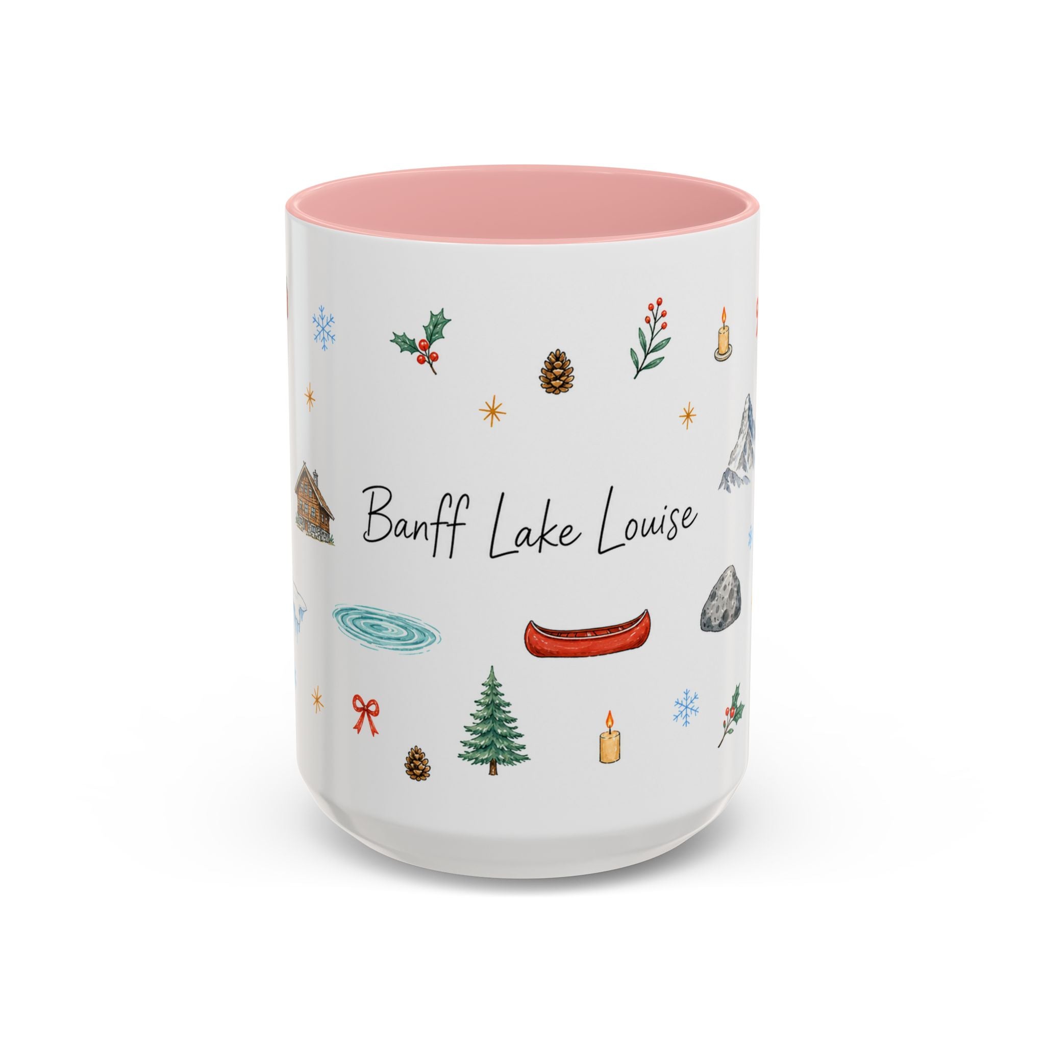 Banff Lake Louise Christmas Mug | Watercolor Travel Souvenir | Holiday Gift | Accent Ceramic Coffee Cup 11oz 15oz