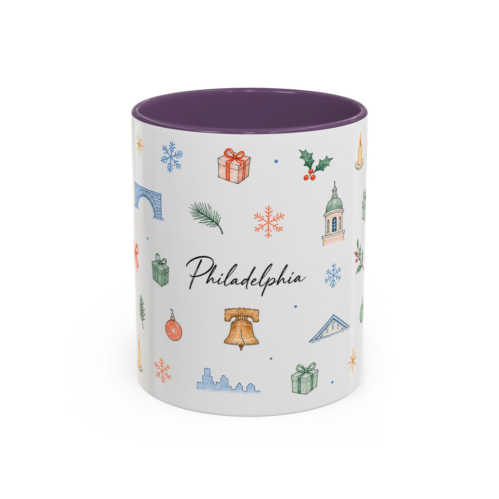 Philadelphia Christmas Mug | Watercolor Travel Souvenir | Holiday Gift | Accent Ceramic Coffee Cup 11oz 15oz