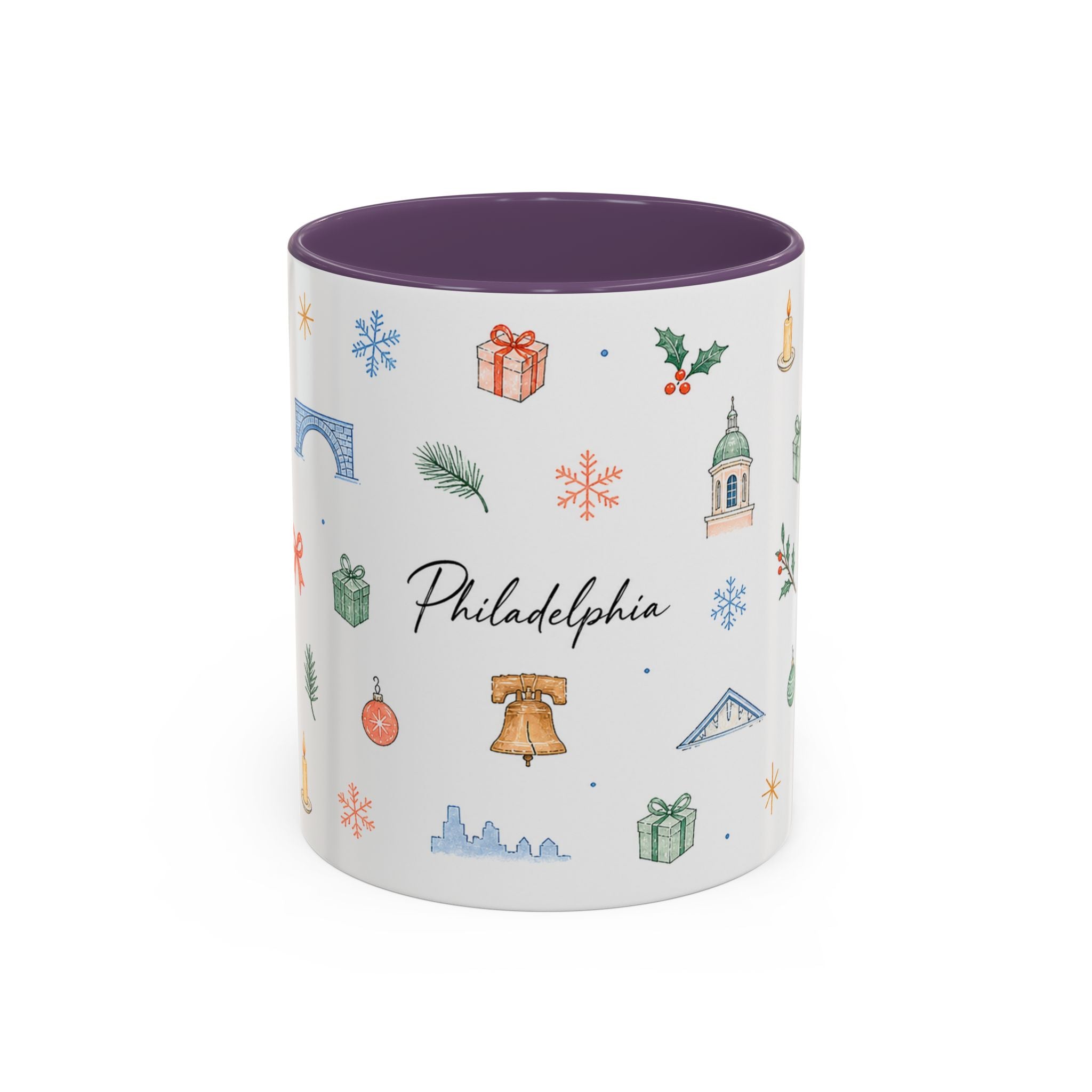 Philadelphia Christmas Mug | Watercolor Travel Souvenir | Holiday Gift | Accent Ceramic Coffee Cup 11oz 15oz